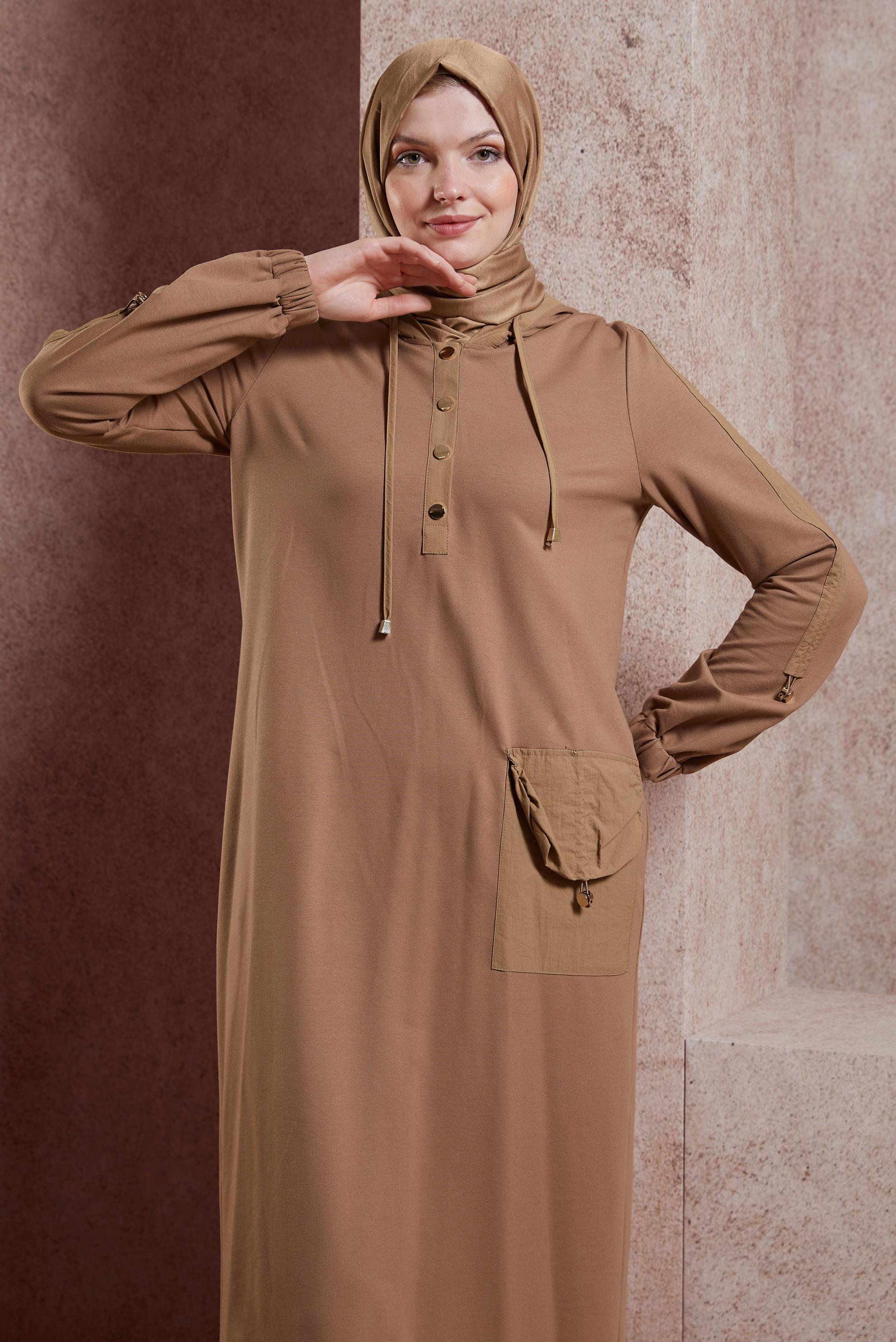 Tesettür giyim KAHVE KAPÜŞONLU EŞOFMAN ELBİSE 44407