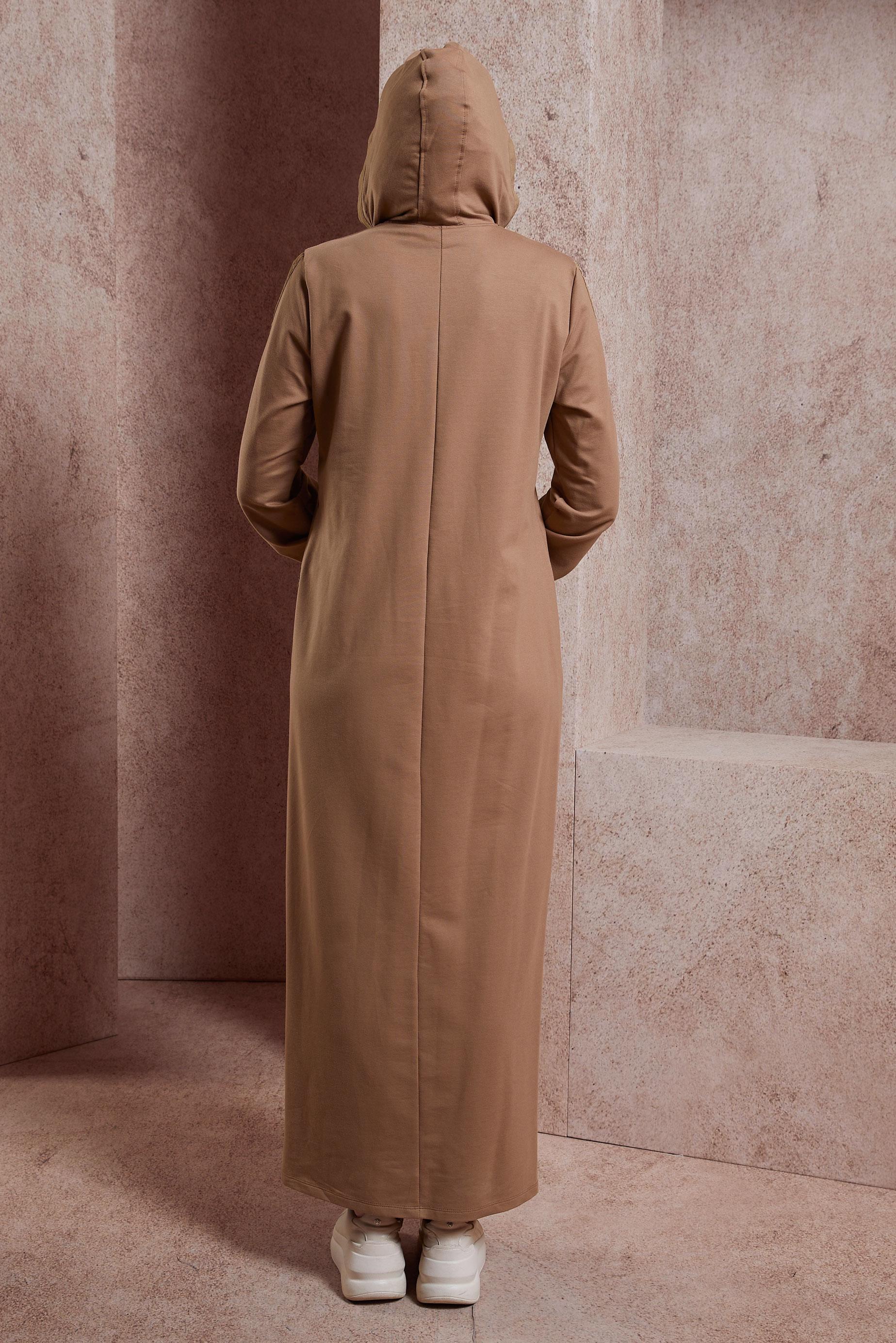 Tesettür giyim KAHVE KAPÜŞONLU EŞOFMAN ELBİSE 44407