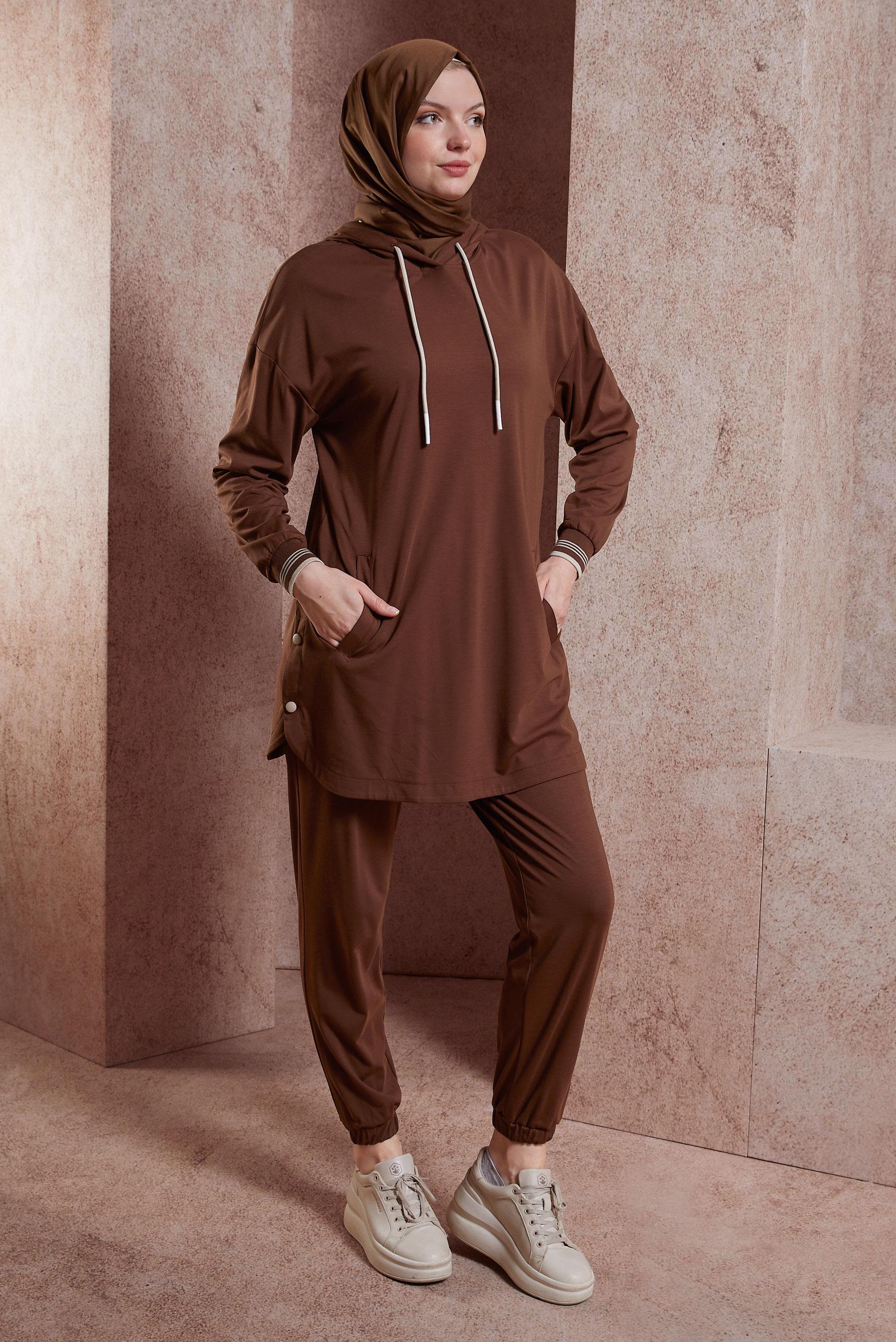 Tesettür giyim KAHVE KAPÜŞONLU EŞOFMAN TAKIM 44408