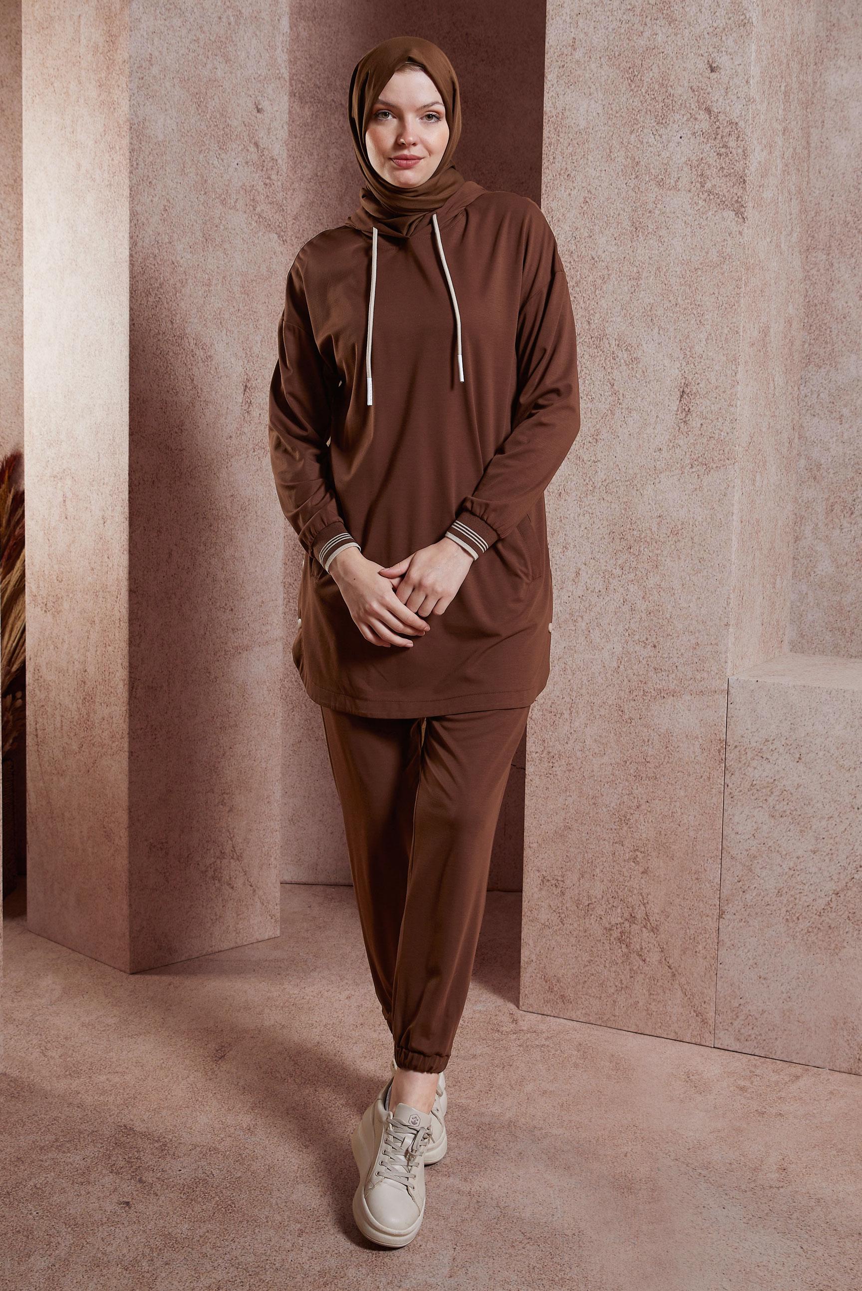 Tesettür giyim KAHVE KAPÜŞONLU EŞOFMAN TAKIM 44408