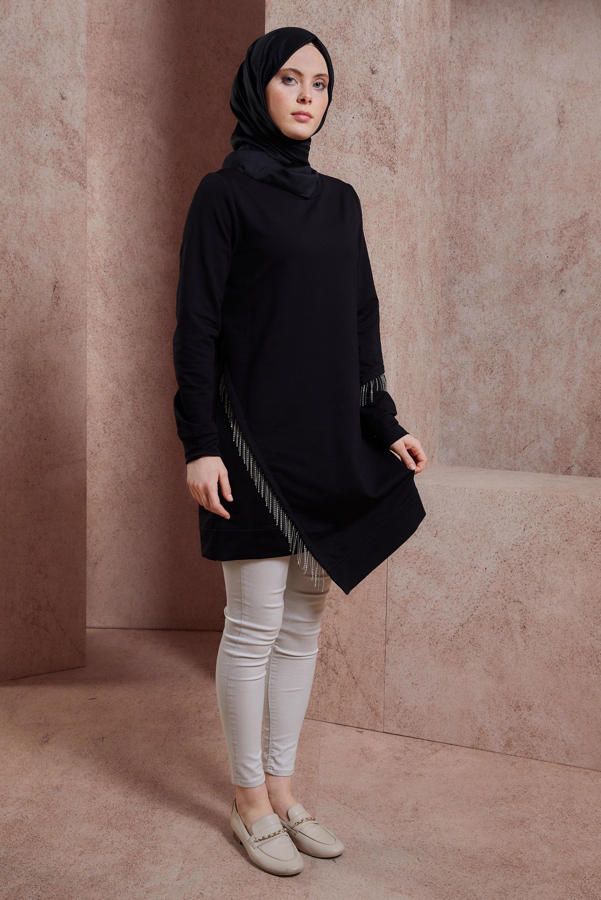 Tesettür giyim SİYAH PÜSKÜLLÜ EŞOFMAN TUNİK 44442