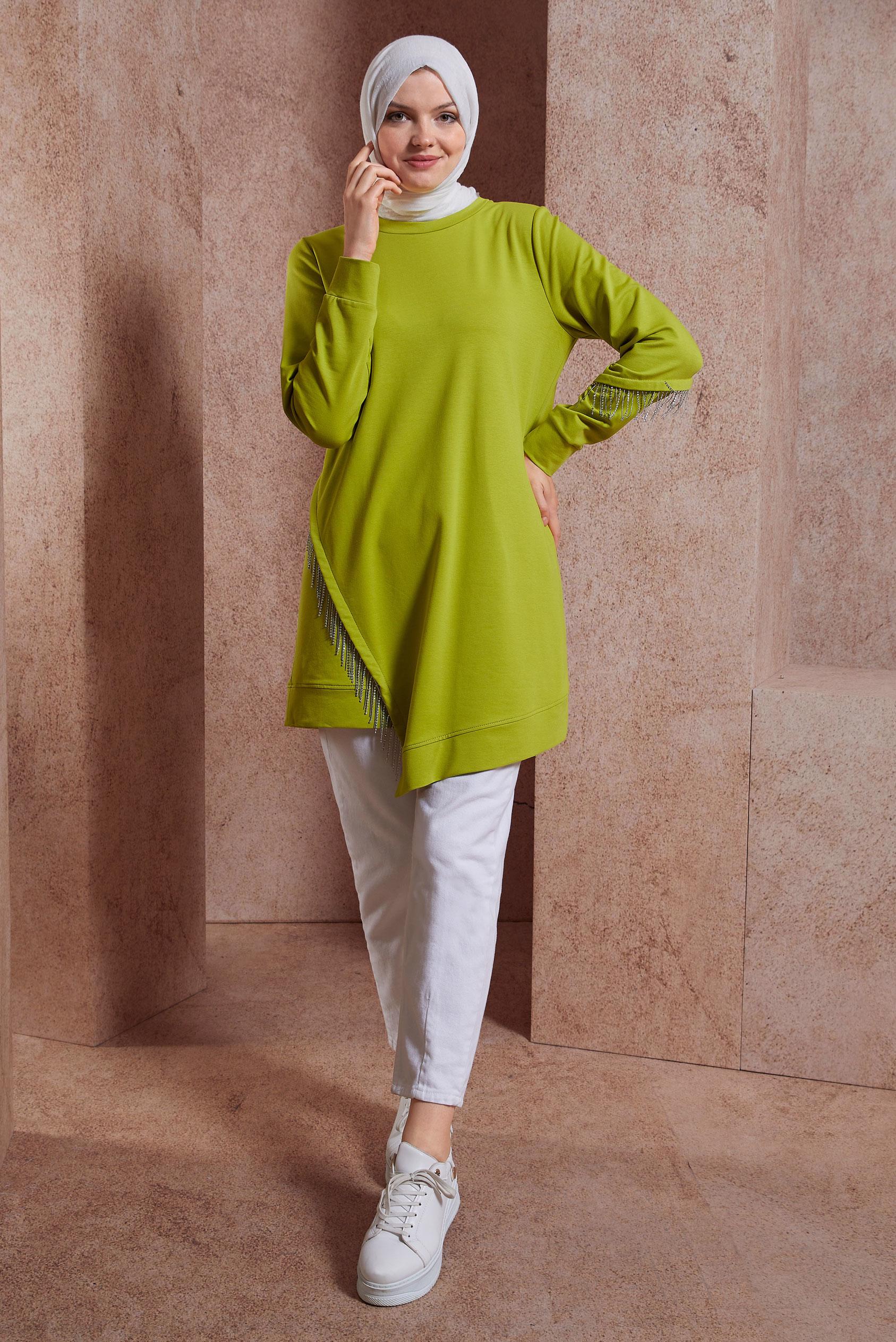 Tesettür giyim YEŞİL PÜSKÜLLÜ EŞOFMAN TUNİK 44442