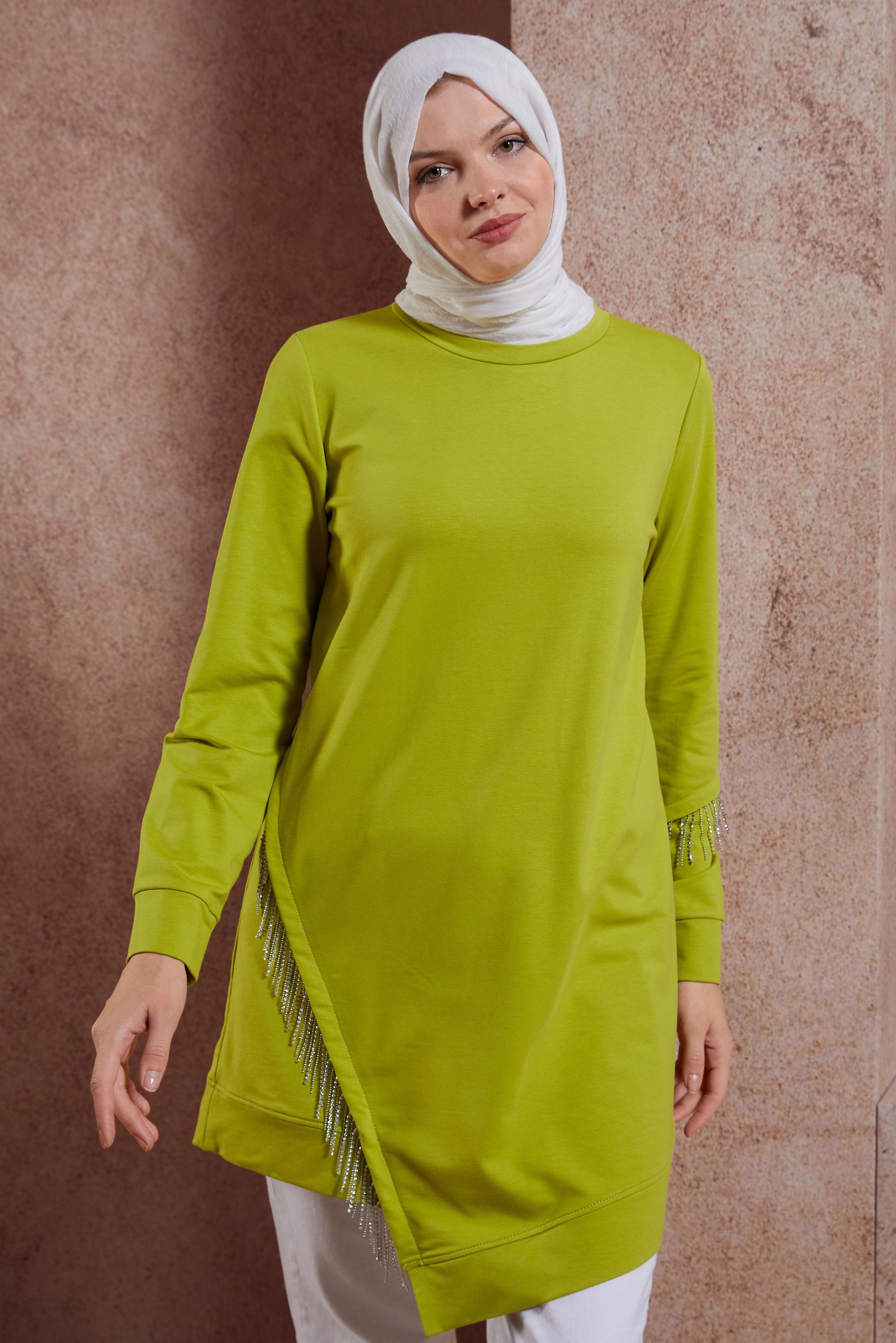 Tesettür giyim YEŞİL PÜSKÜLLÜ EŞOFMAN TUNİK 44442