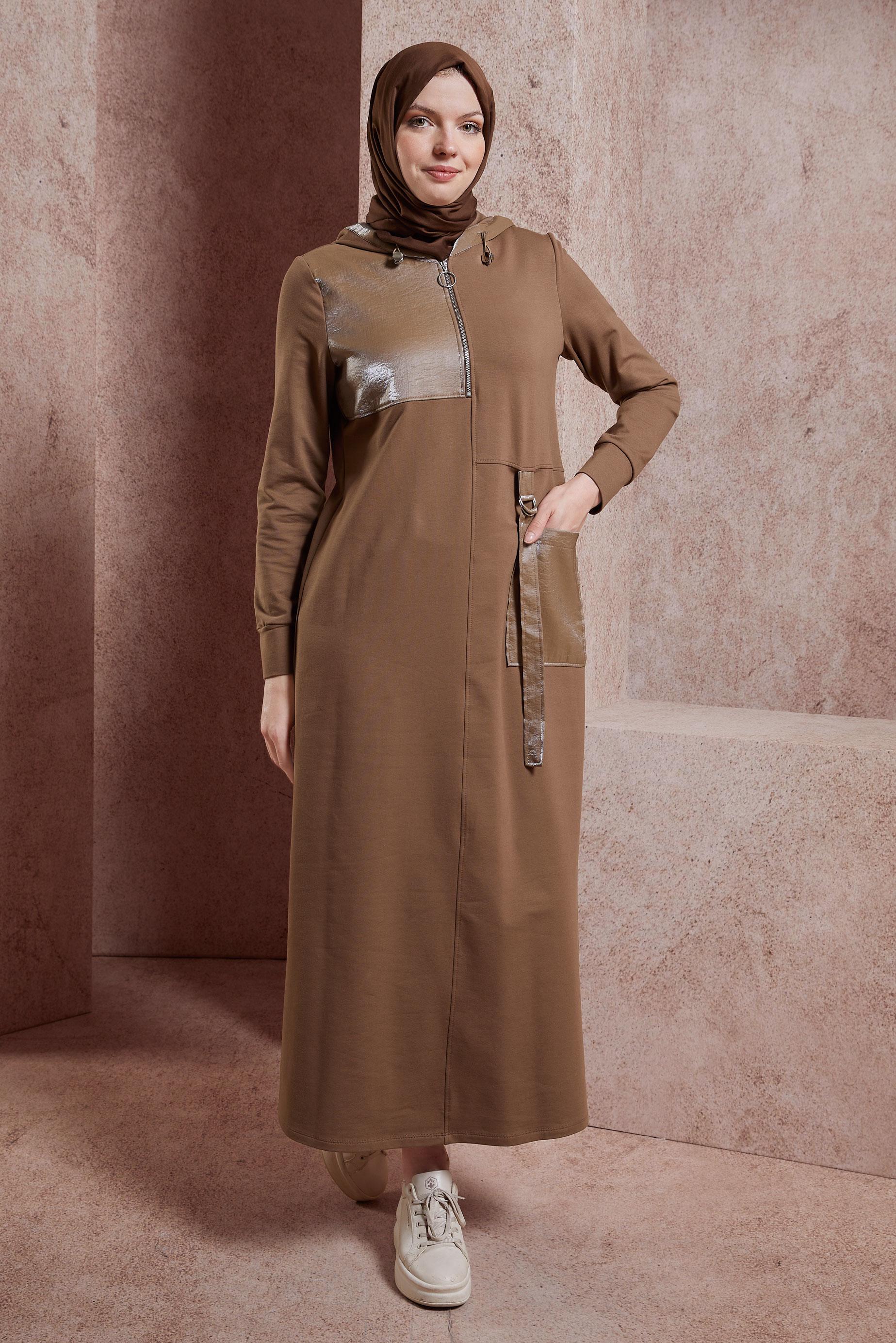 Tesettür giyim KAHVE KAPÜŞONLU EŞOFMAN ELBİSE 44443
