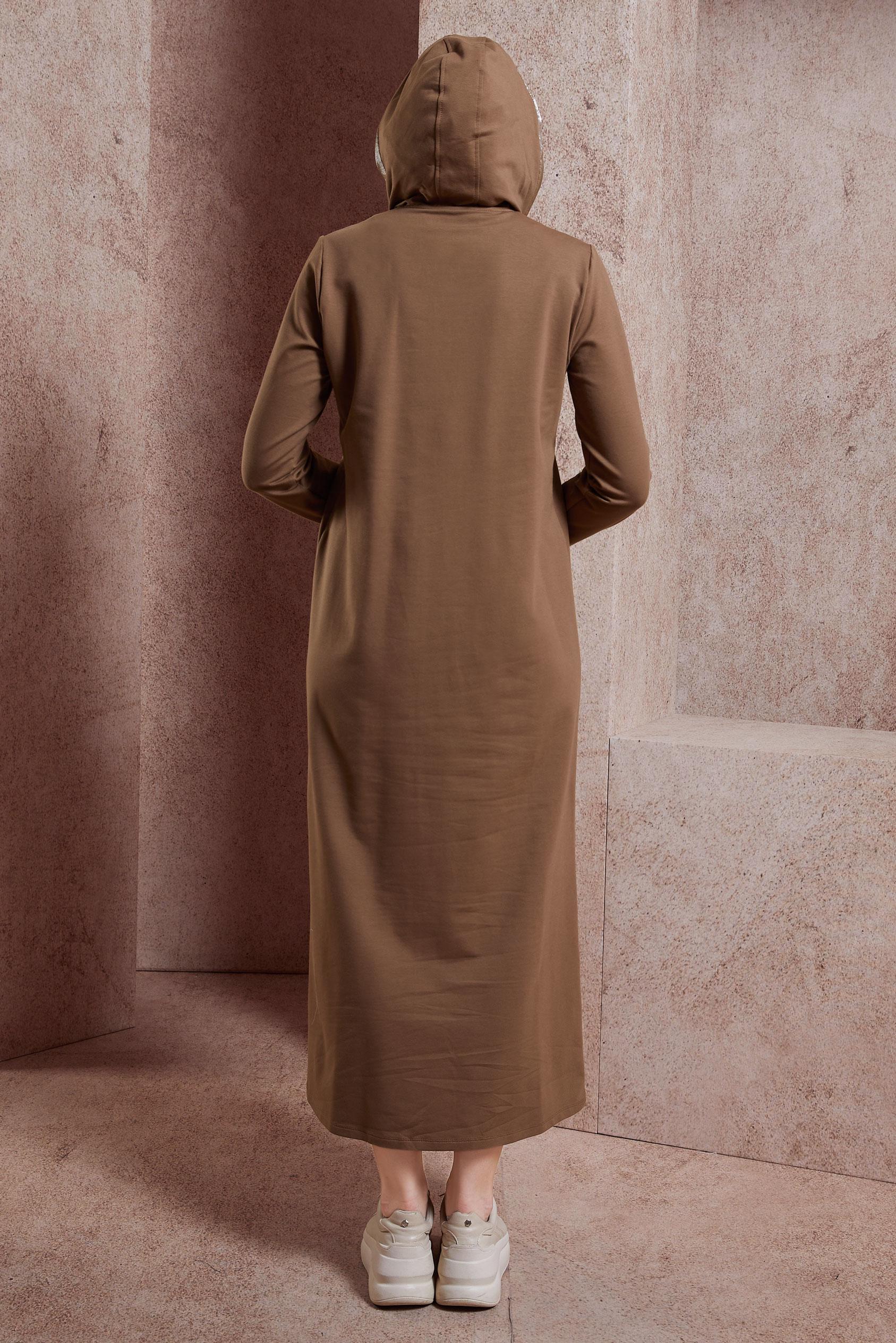 Tesettür giyim KAHVE KAPÜŞONLU EŞOFMAN ELBİSE 44443
