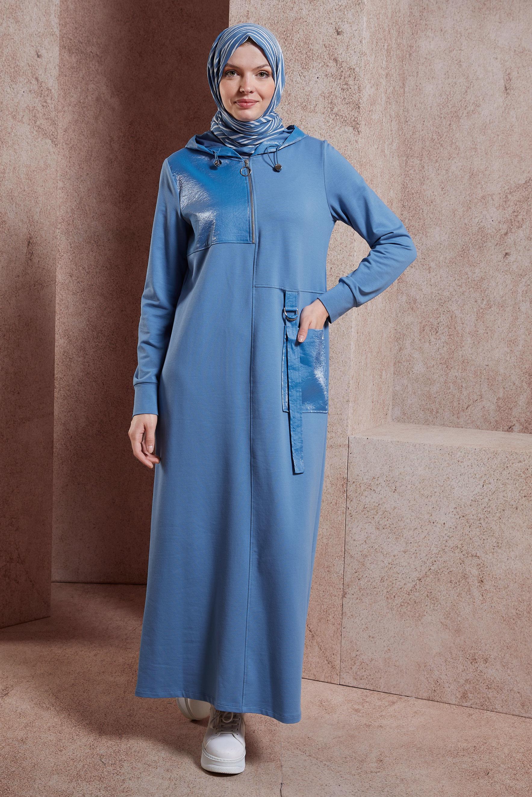 Tesettür giyim MAVİ KAPÜŞONLU EŞOFMAN ELBİSE 44443