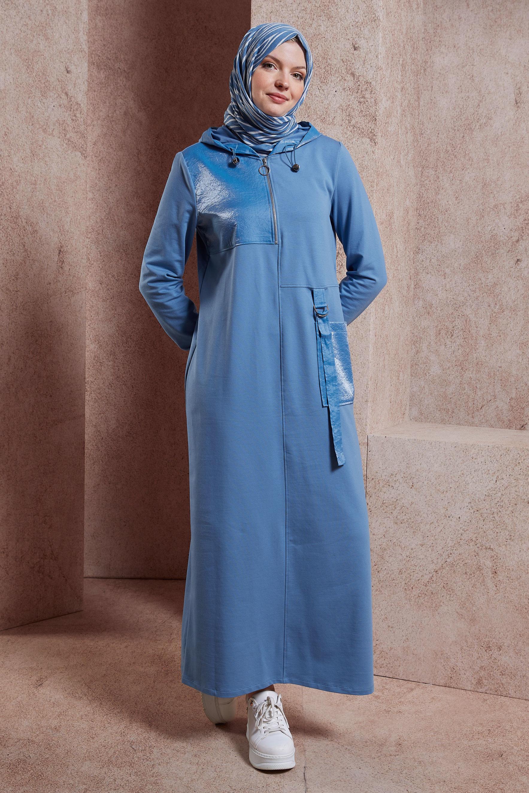 Tesettür giyim MAVİ KAPÜŞONLU EŞOFMAN ELBİSE 44443