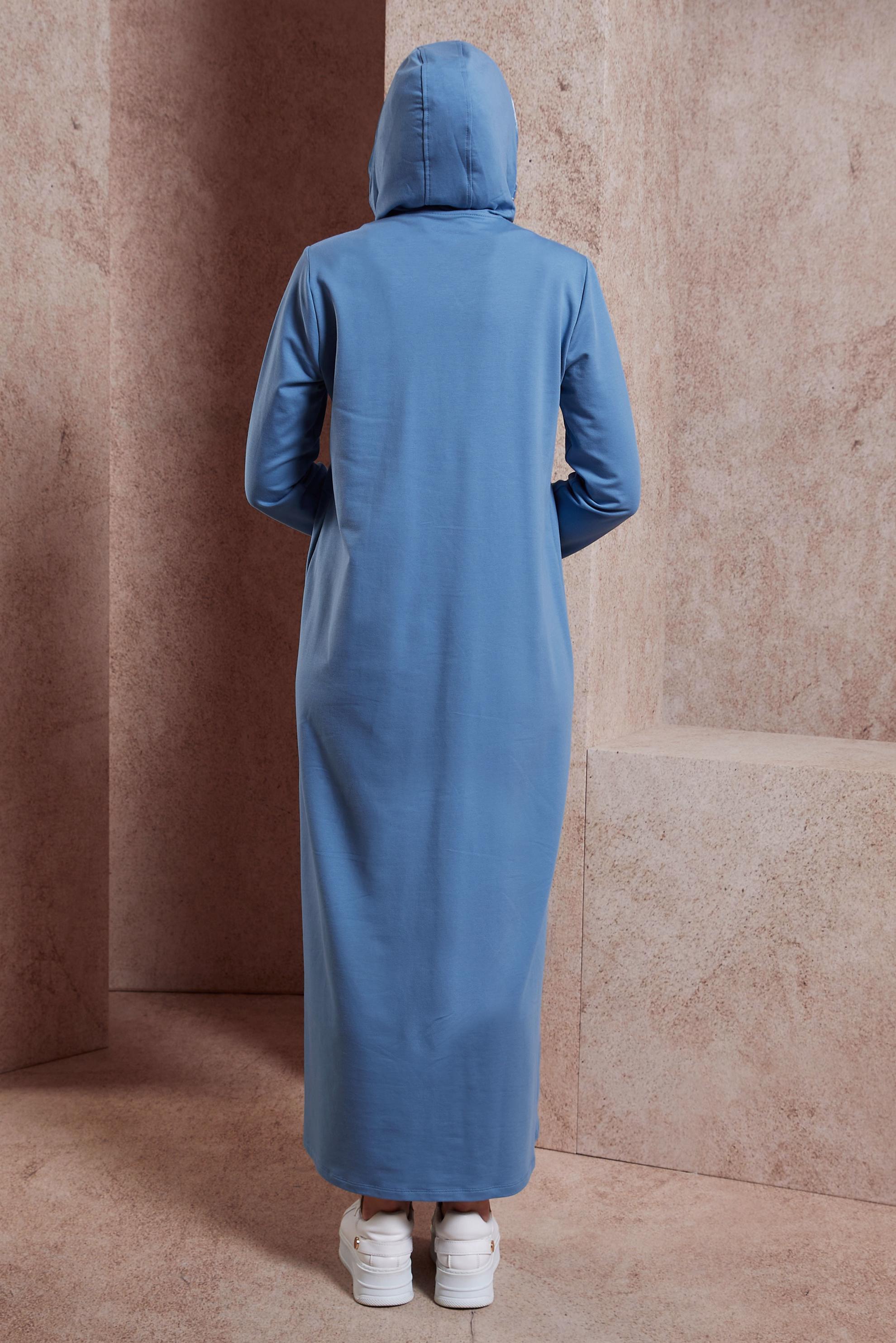 Tesettür giyim MAVİ KAPÜŞONLU EŞOFMAN ELBİSE 44443