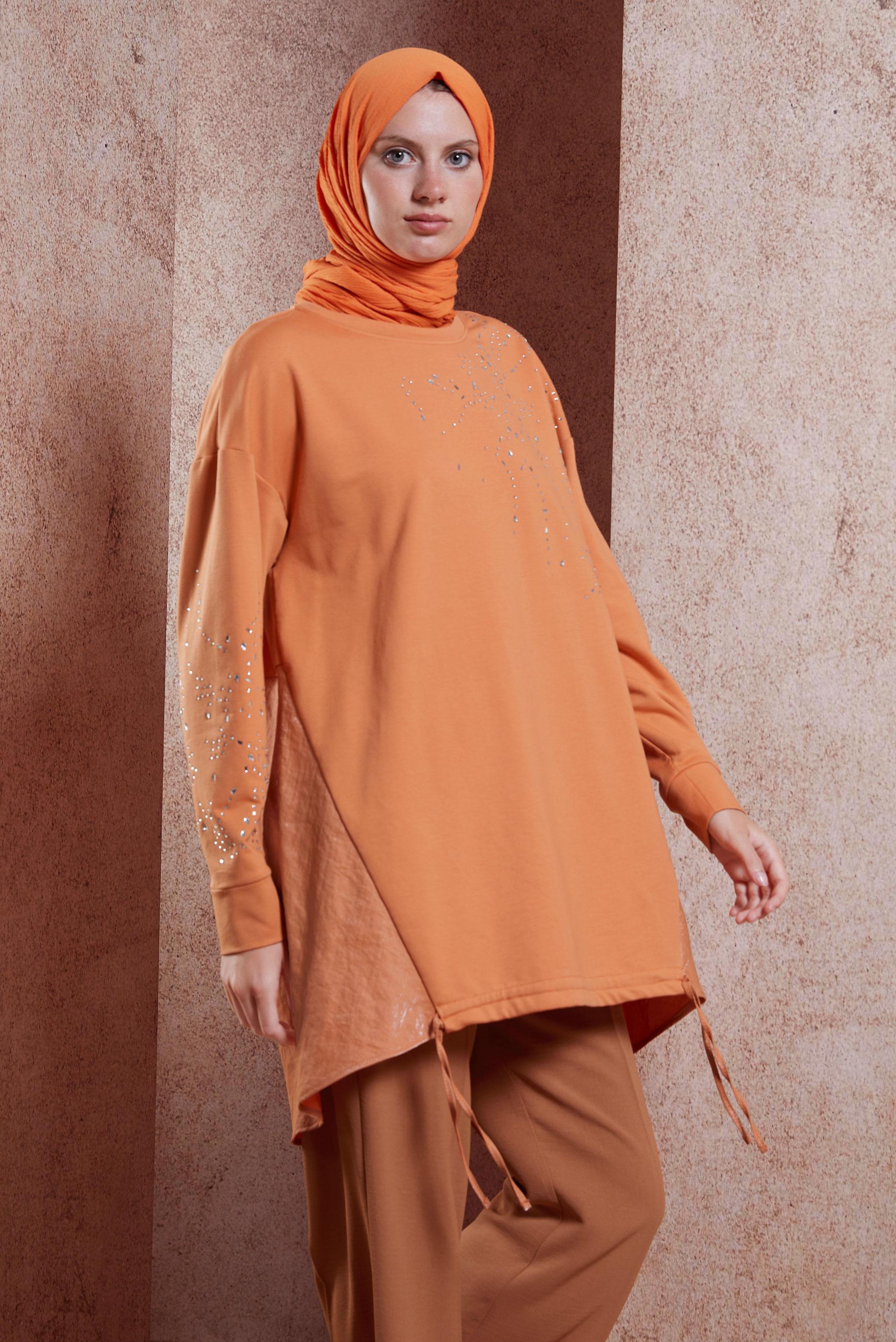 Tesettür giyim TURUNCU TAŞ BASKILI EŞOFMAN TUNİK 44450