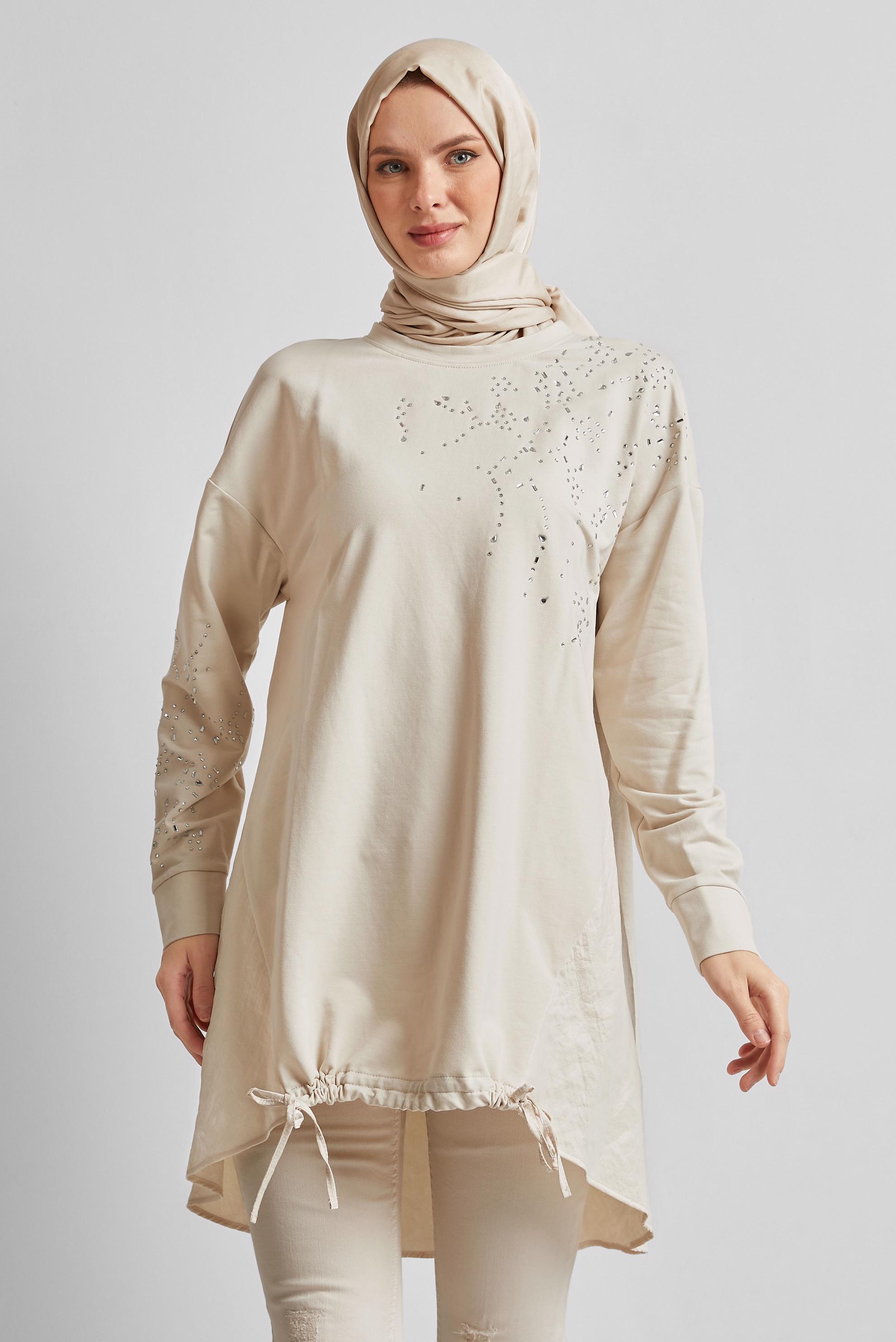 Tesettür giyim BEJ TAŞ BASKILI EŞOFMAN TUNİK 44450
