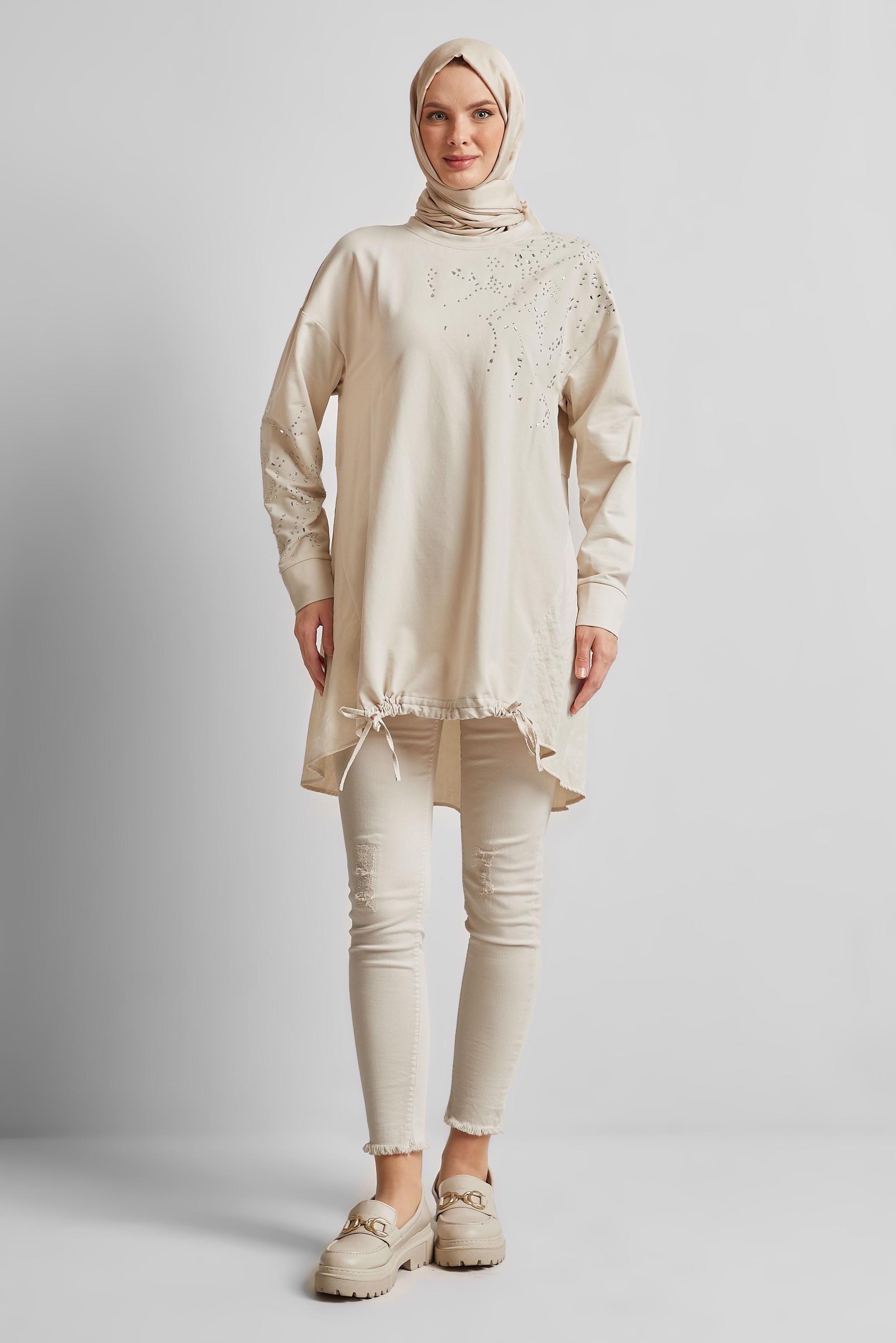 Tesettür giyim BEJ TAŞ BASKILI EŞOFMAN TUNİK 44450