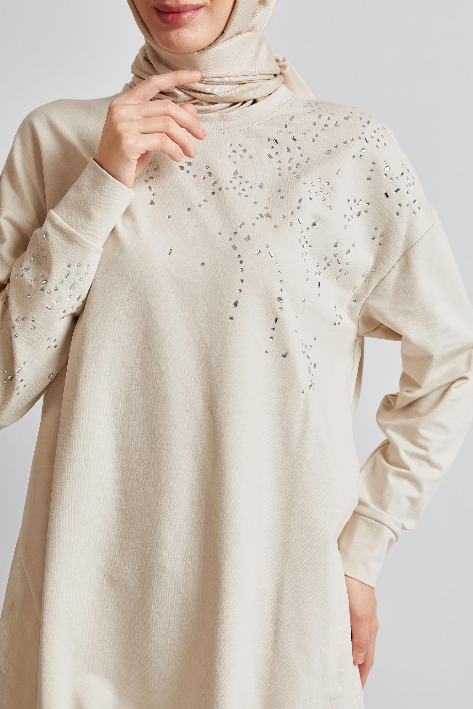 Tesettür giyim BEJ TAŞ BASKILI EŞOFMAN TUNİK 44450