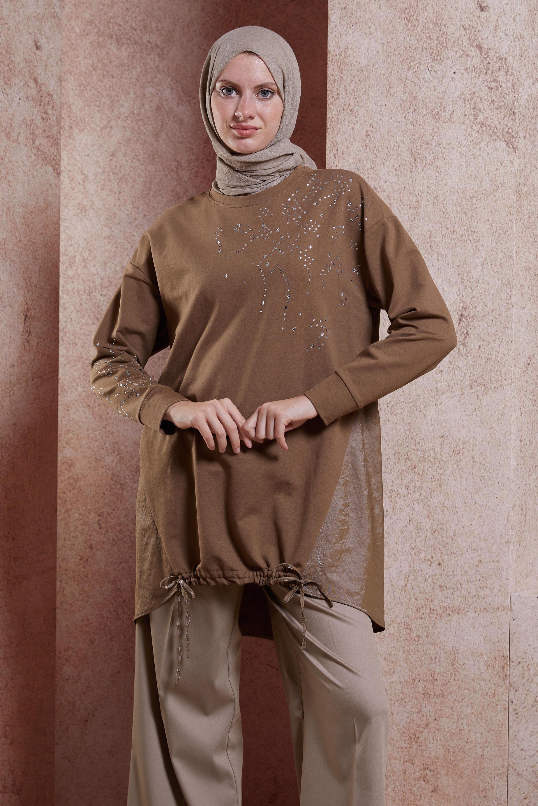 Tesettür giyim KAHVE TAŞ BASKILI EŞOFMAN TUNİK 44450
