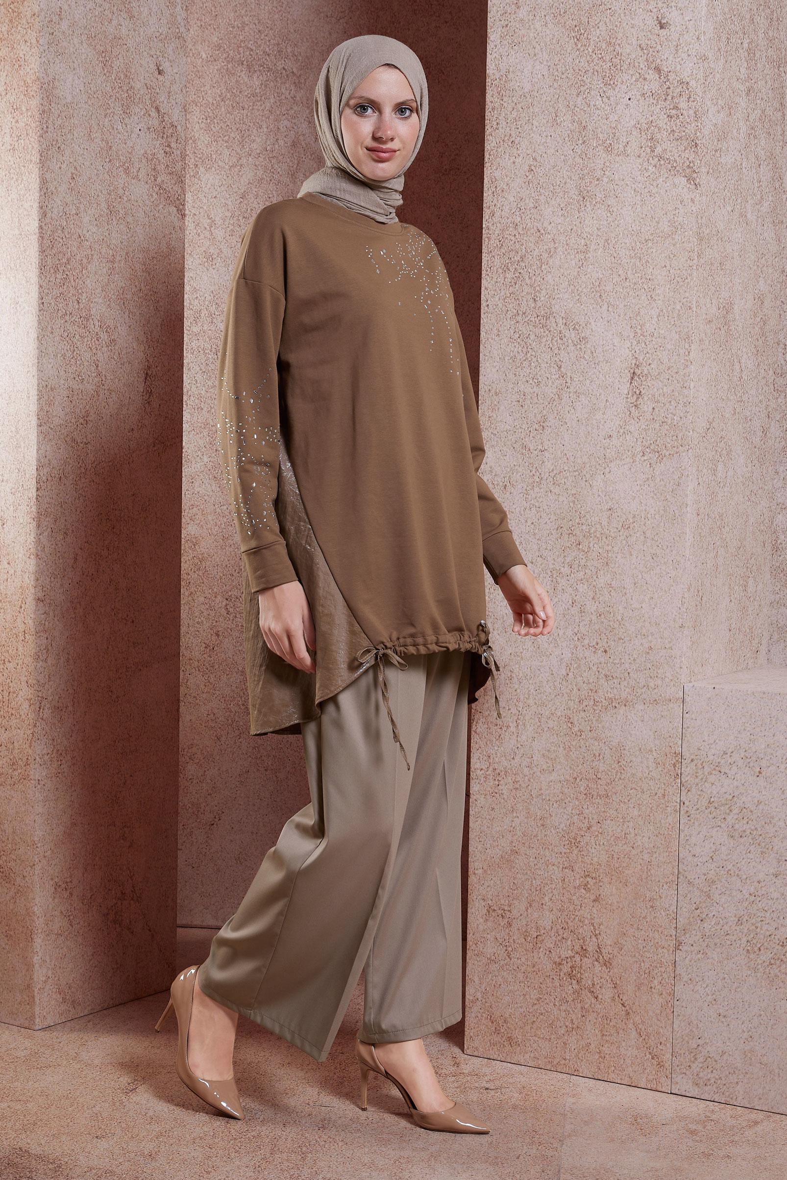 Tesettür giyim KAHVE TAŞ BASKILI EŞOFMAN TUNİK 44450