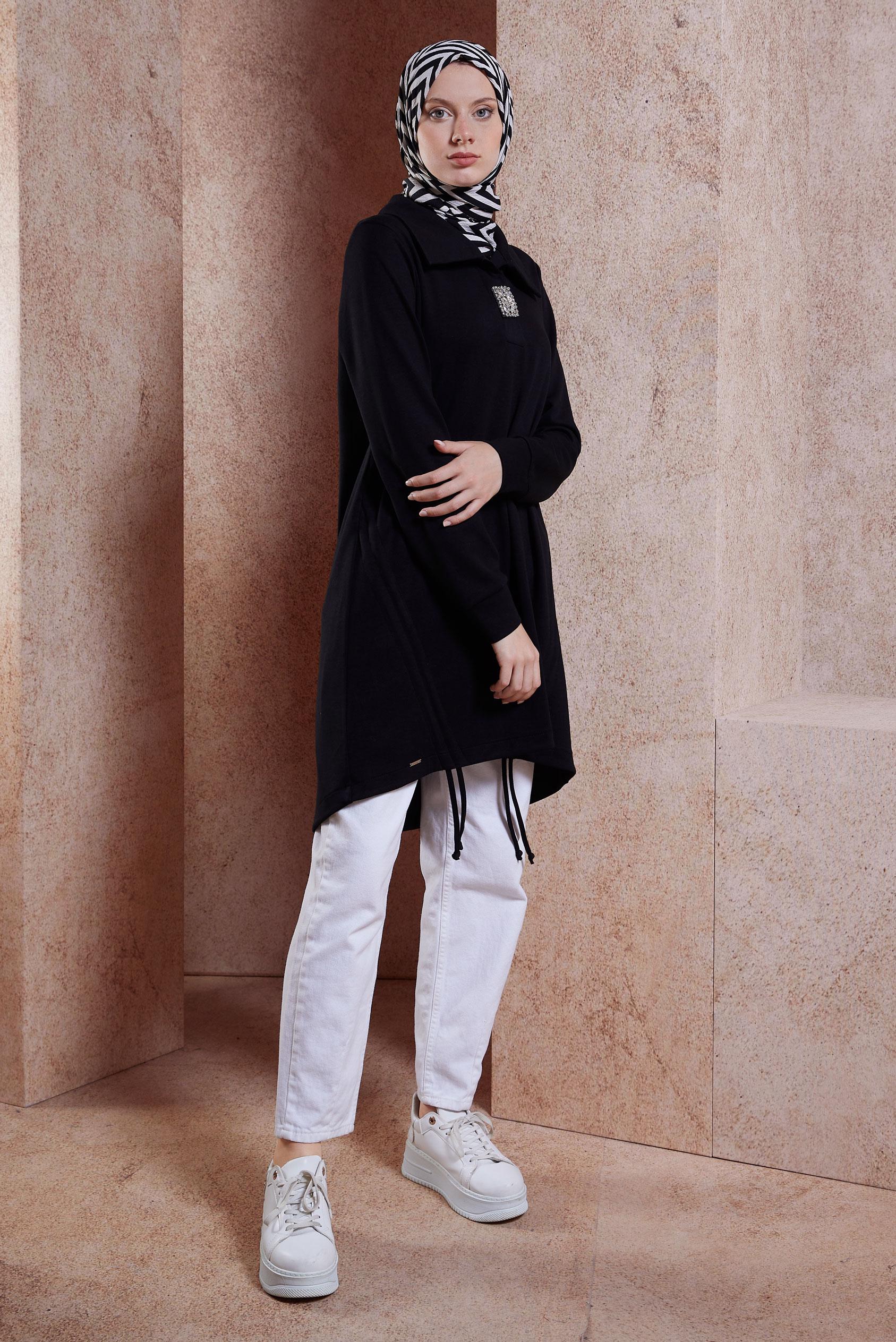 Tesettür giyim SİYAH TAŞ DETAYLI EŞOFMAN TUNİK 44451