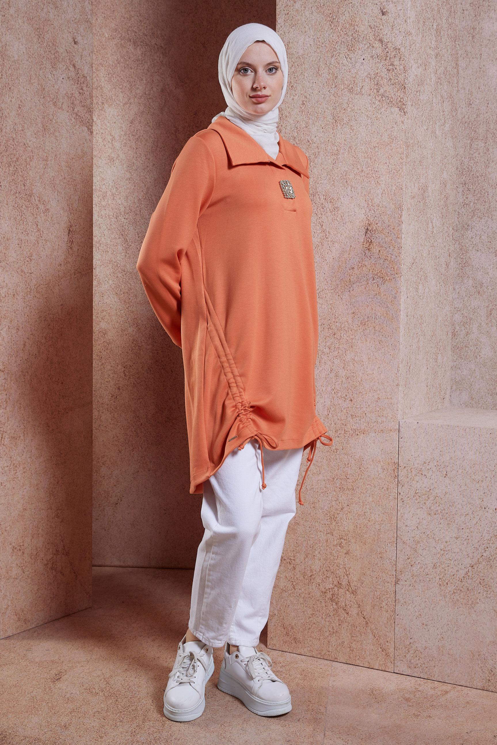 Tesettür giyim TURUNCU TAŞ DETAYLI EŞOFMAN TUNİK 44451