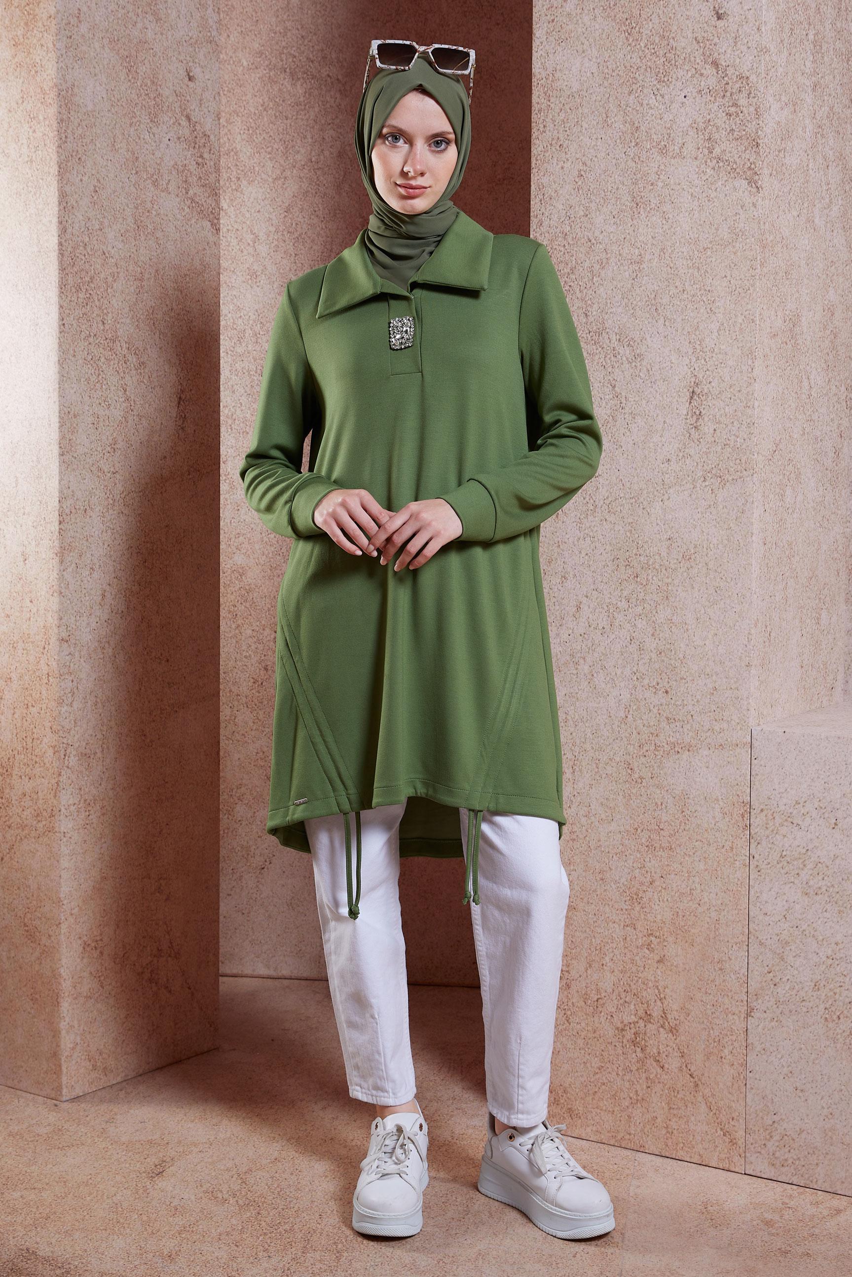 Tesettür giyim HAKİ TAŞ DETAYLI EŞOFMAN TUNİK 44451