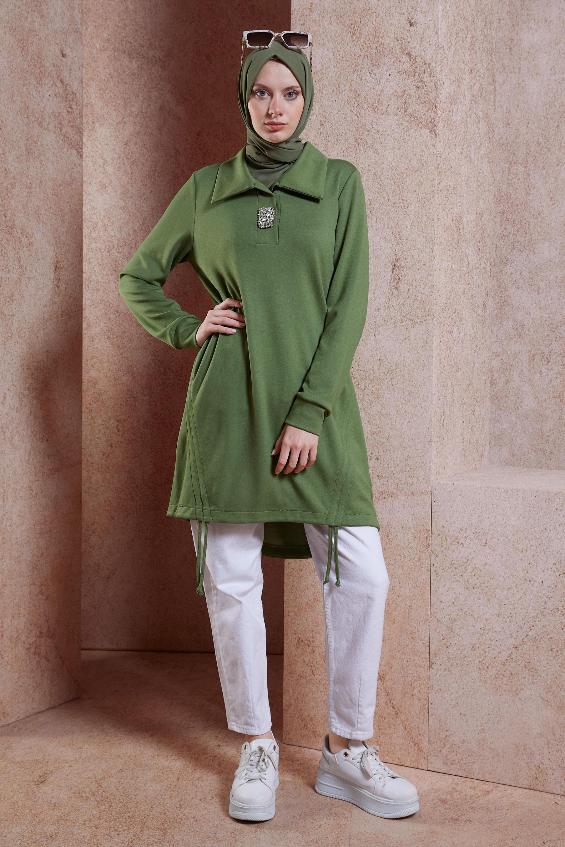 Tesettür giyim HAKİ TAŞ DETAYLI EŞOFMAN TUNİK 44451