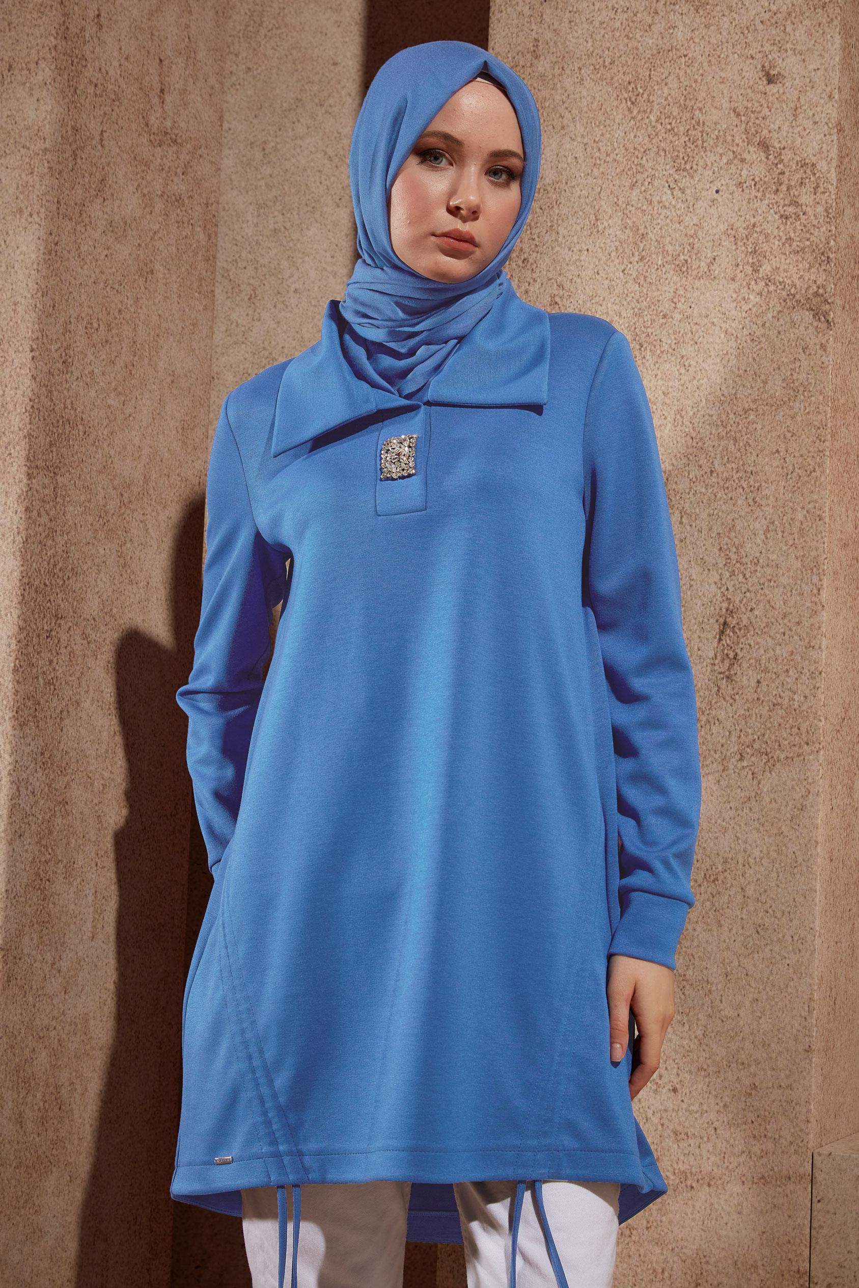 Tesettür giyim LACİVERT TAŞ DETAYLI EŞOFMAN TUNİK 44451