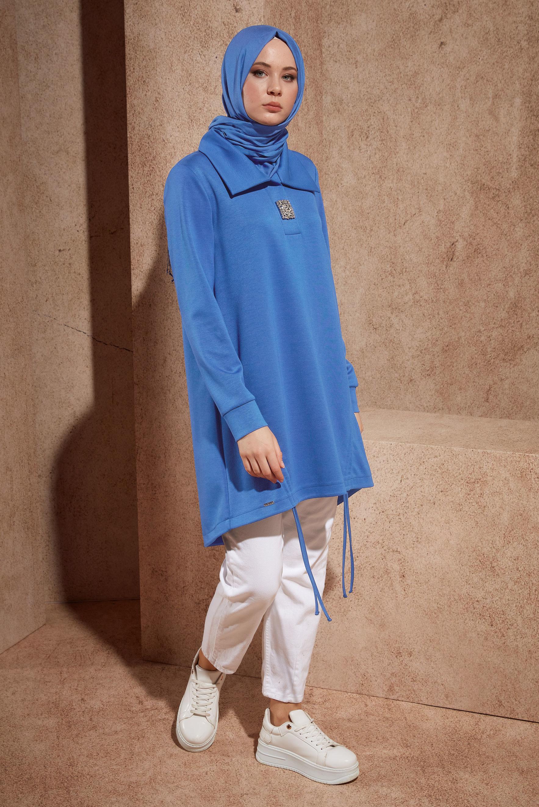 Tesettür giyim LACİVERT TAŞ DETAYLI EŞOFMAN TUNİK 44451