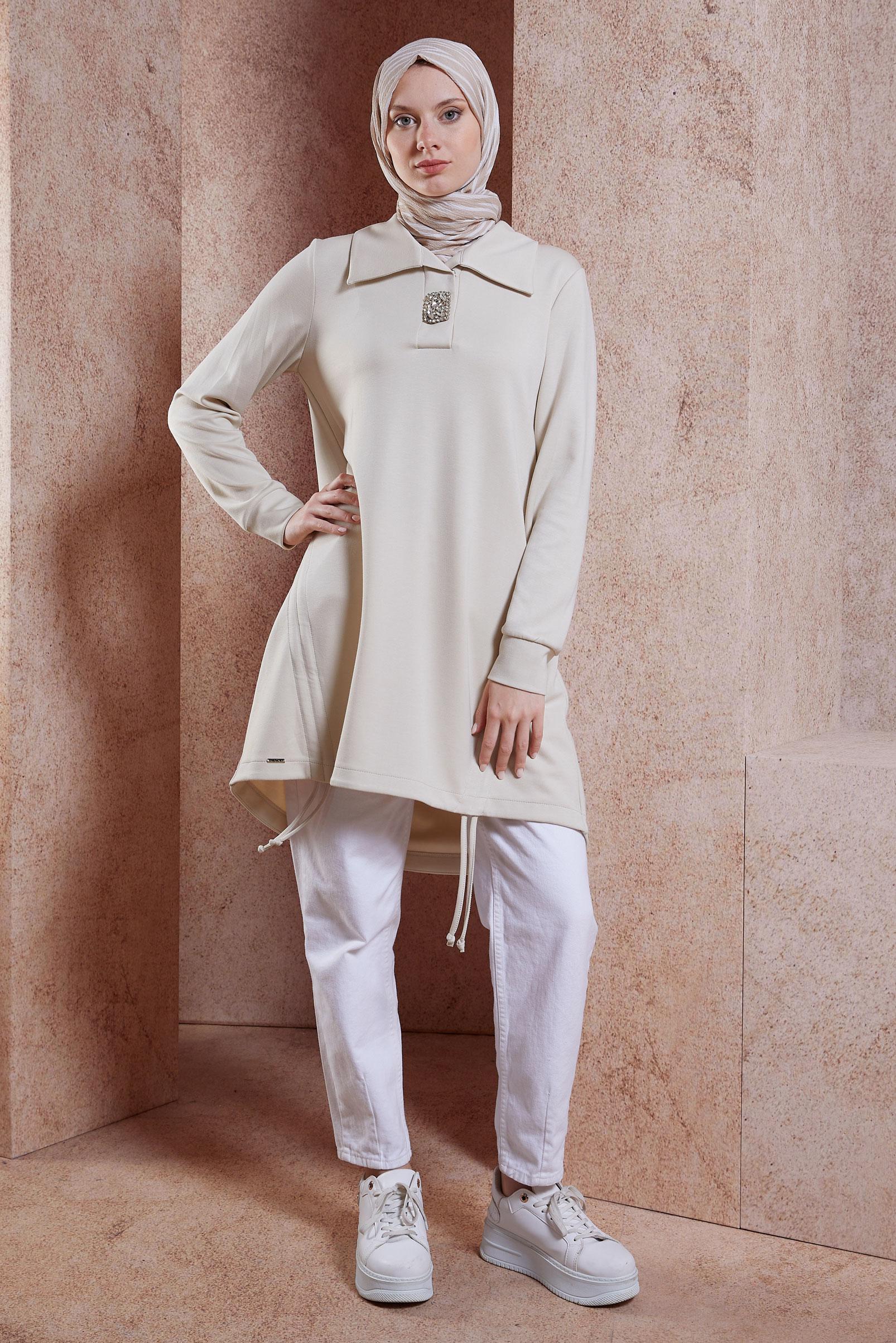 Tesettür giyim BEJ TAŞ DETAYLI EŞOFMAN TUNİK 44451