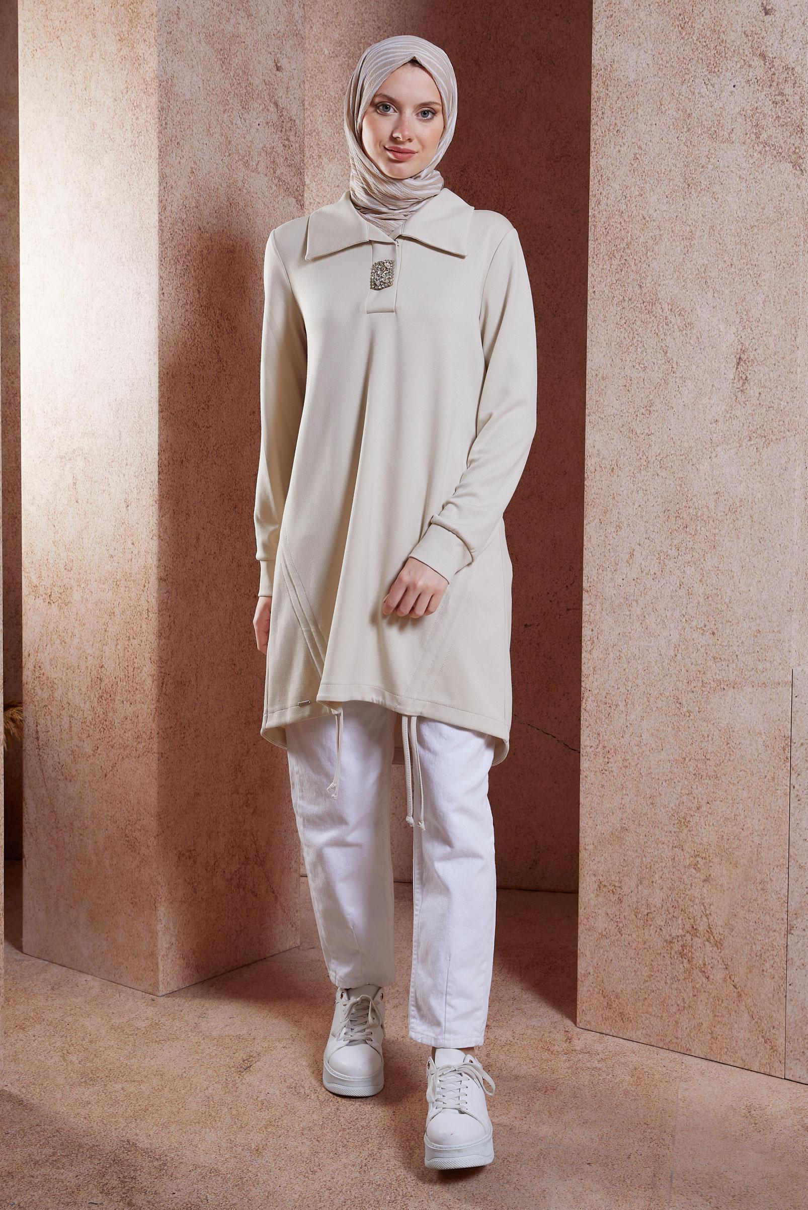 Tesettür giyim BEJ TAŞ DETAYLI EŞOFMAN TUNİK 44451