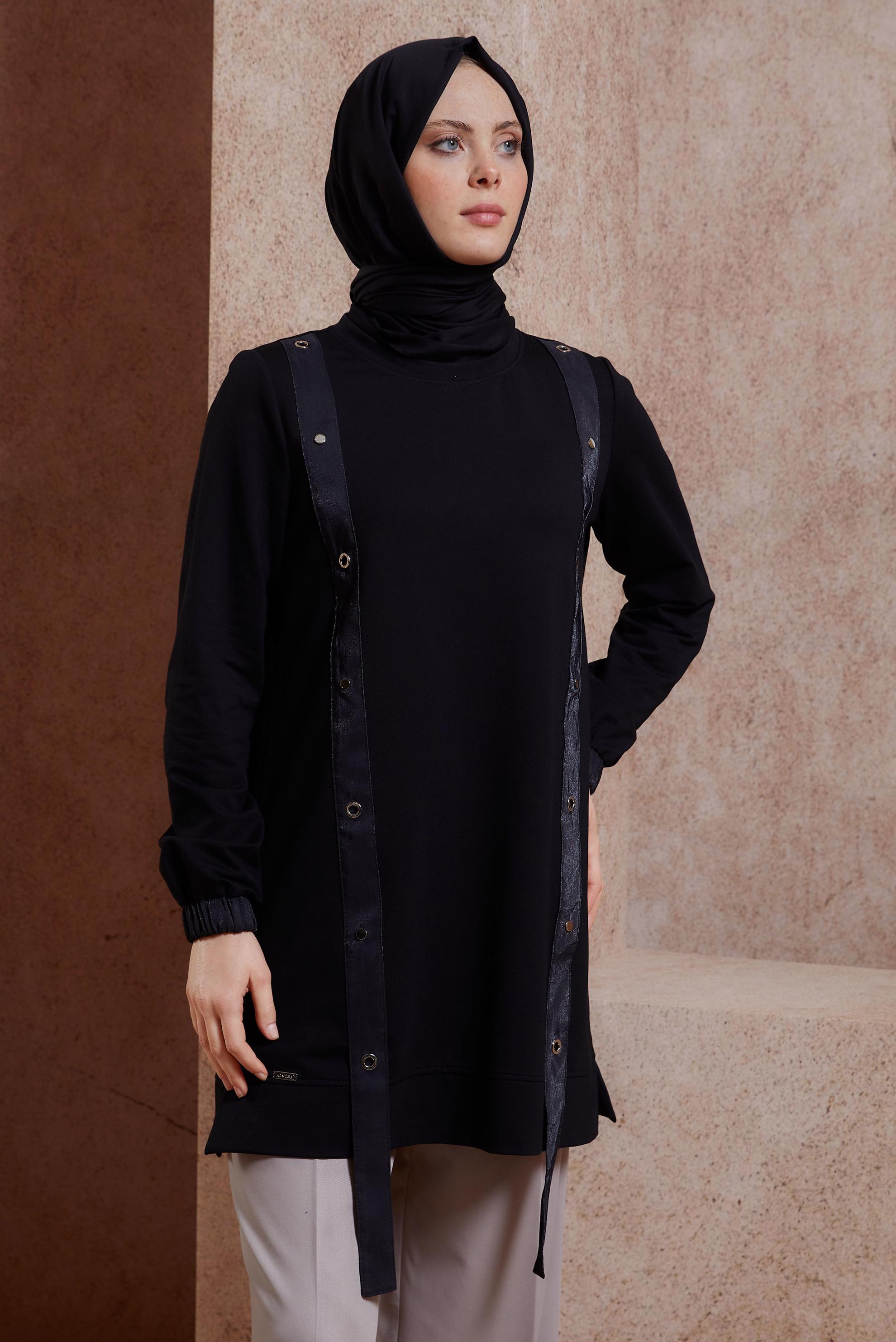 Tesettür giyim SİYAH KUŞGÖZÜ DETAYLI EŞOFMAN TUNİK 44452