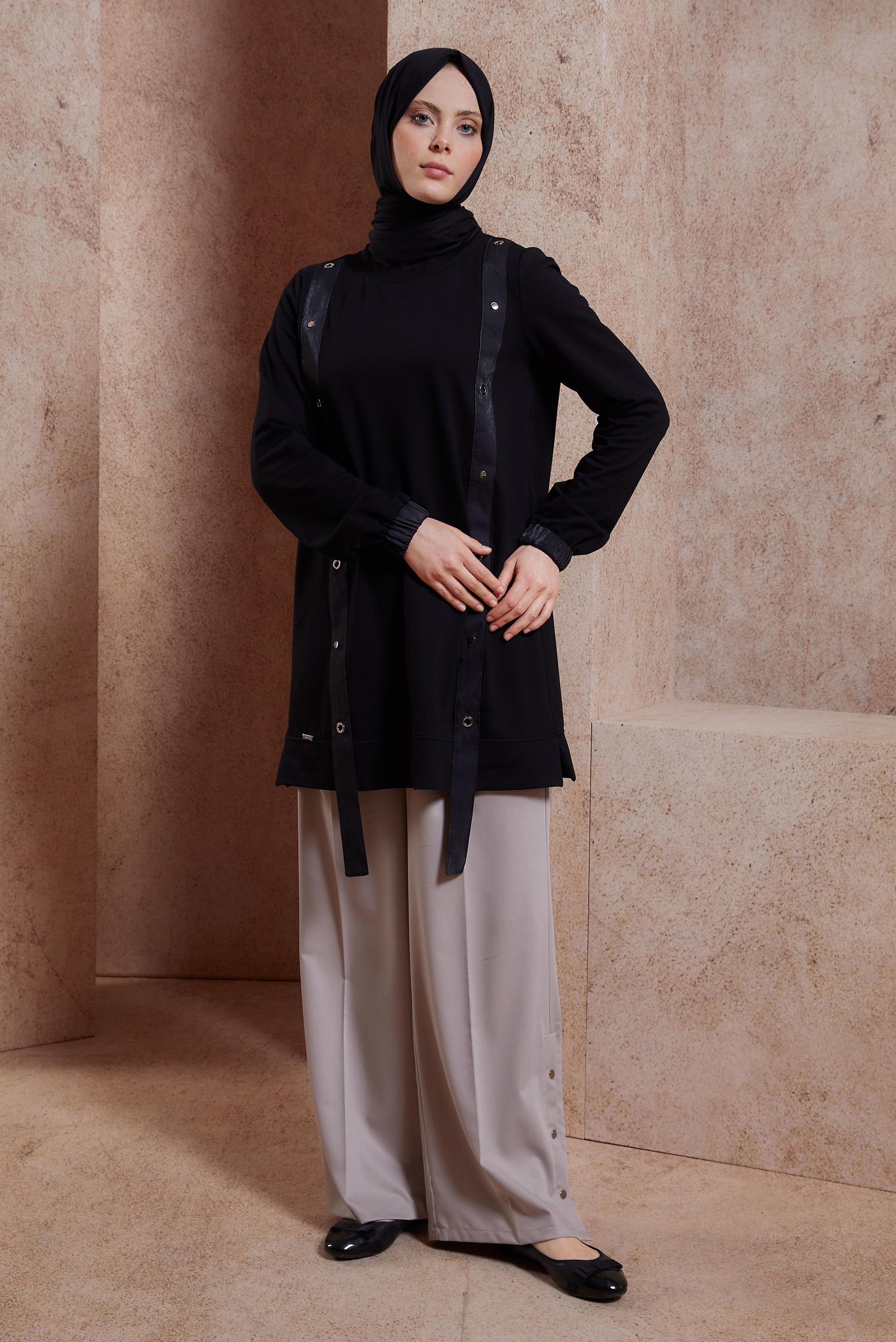 Tesettür giyim SİYAH KUŞGÖZÜ DETAYLI EŞOFMAN TUNİK 44452