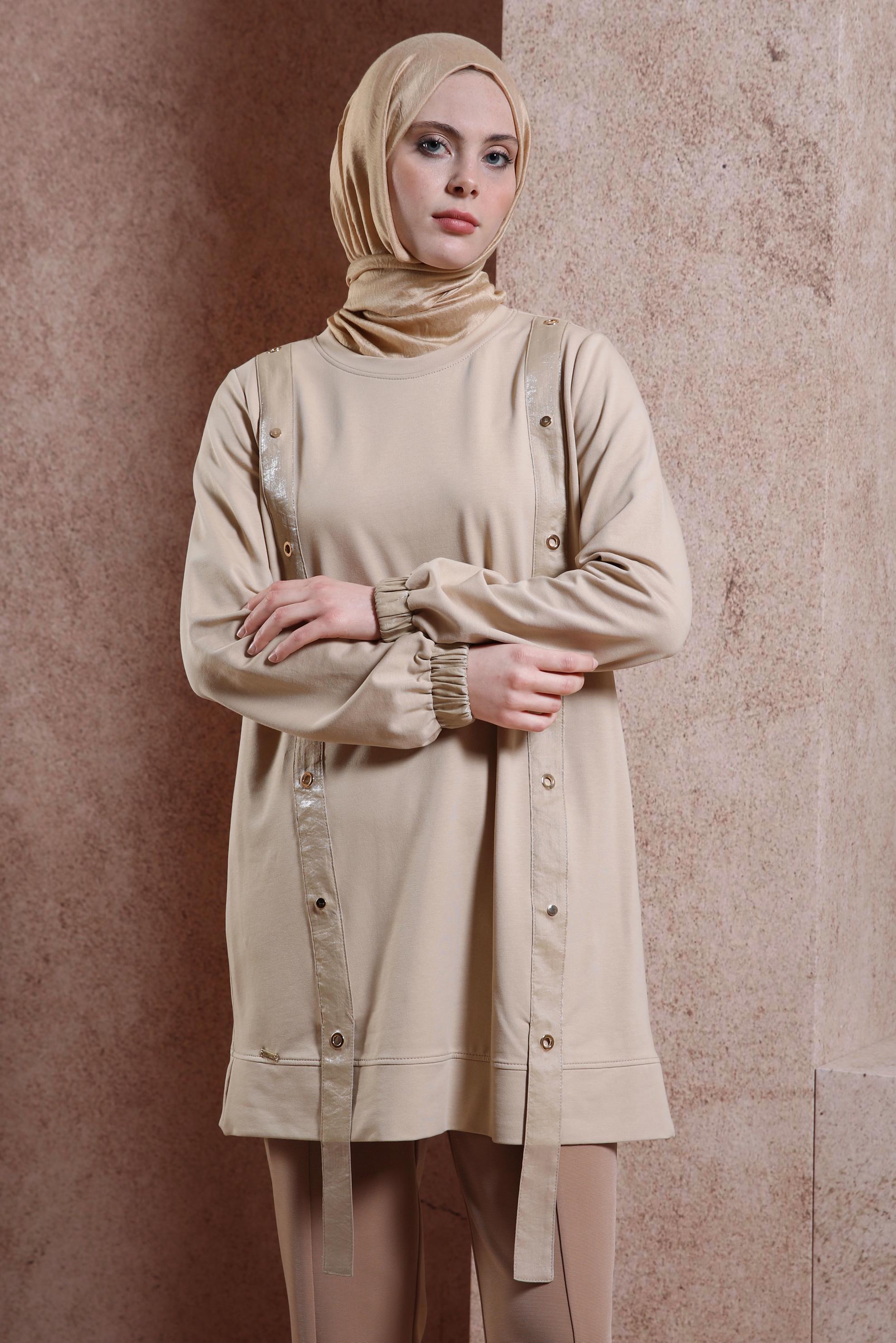 Tesettür giyim BEJ KUŞGÖZÜ DETAYLI EŞOFMAN TUNİK 44452