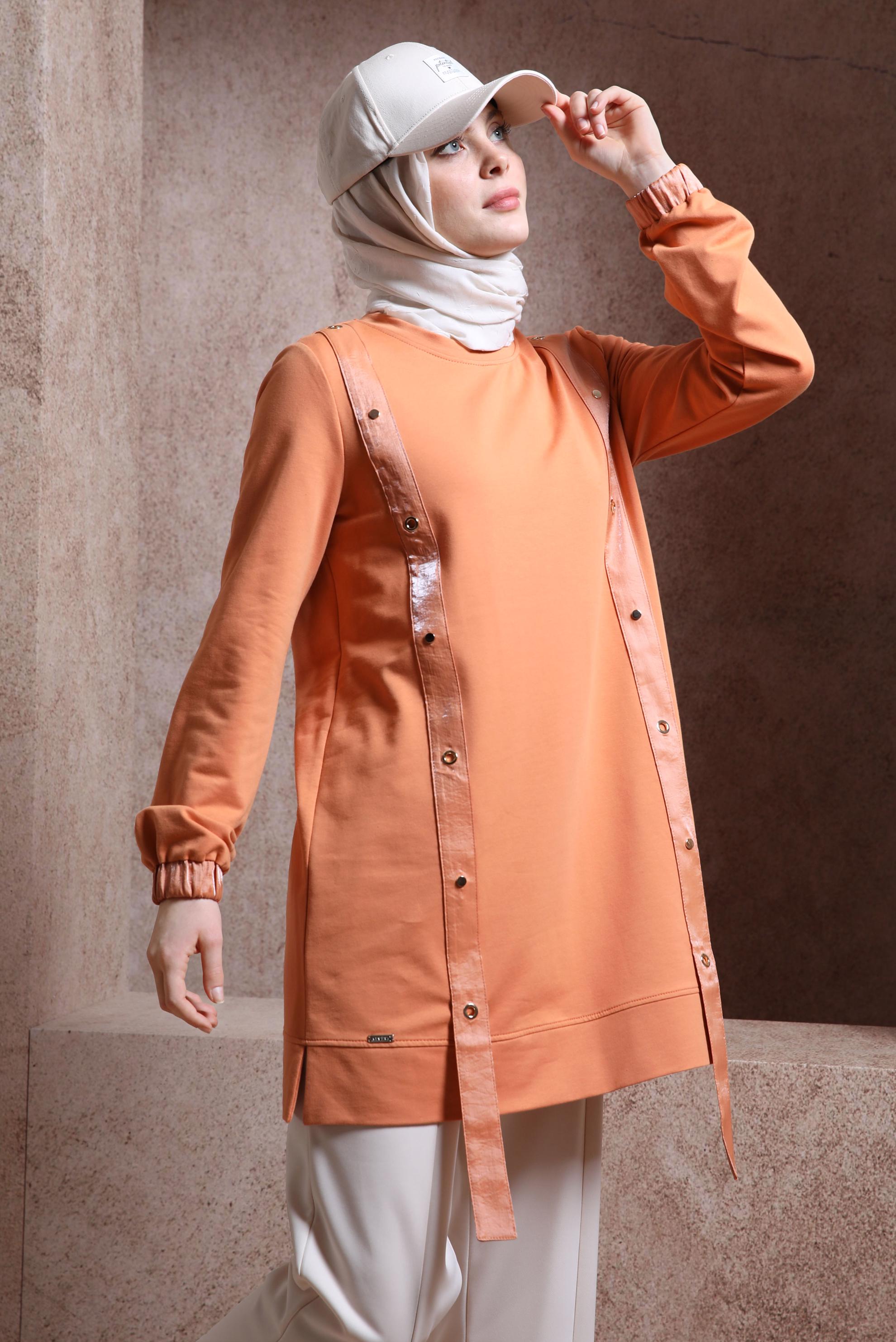 Tesettür giyim TURUNCU KUŞGÖZÜ DETAYLI EŞOFMAN TUNİK 44452