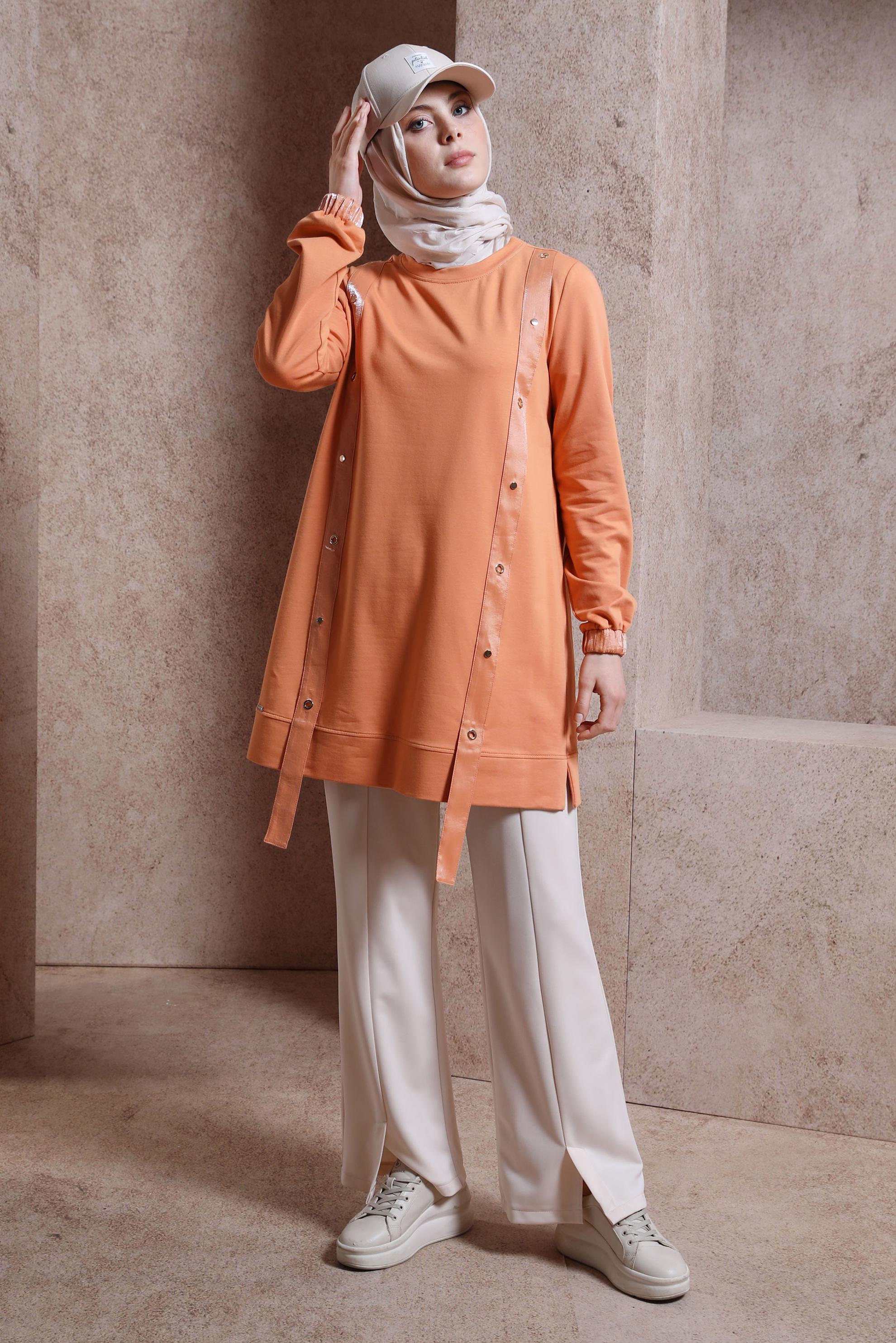 Tesettür giyim TURUNCU KUŞGÖZÜ DETAYLI EŞOFMAN TUNİK 44452