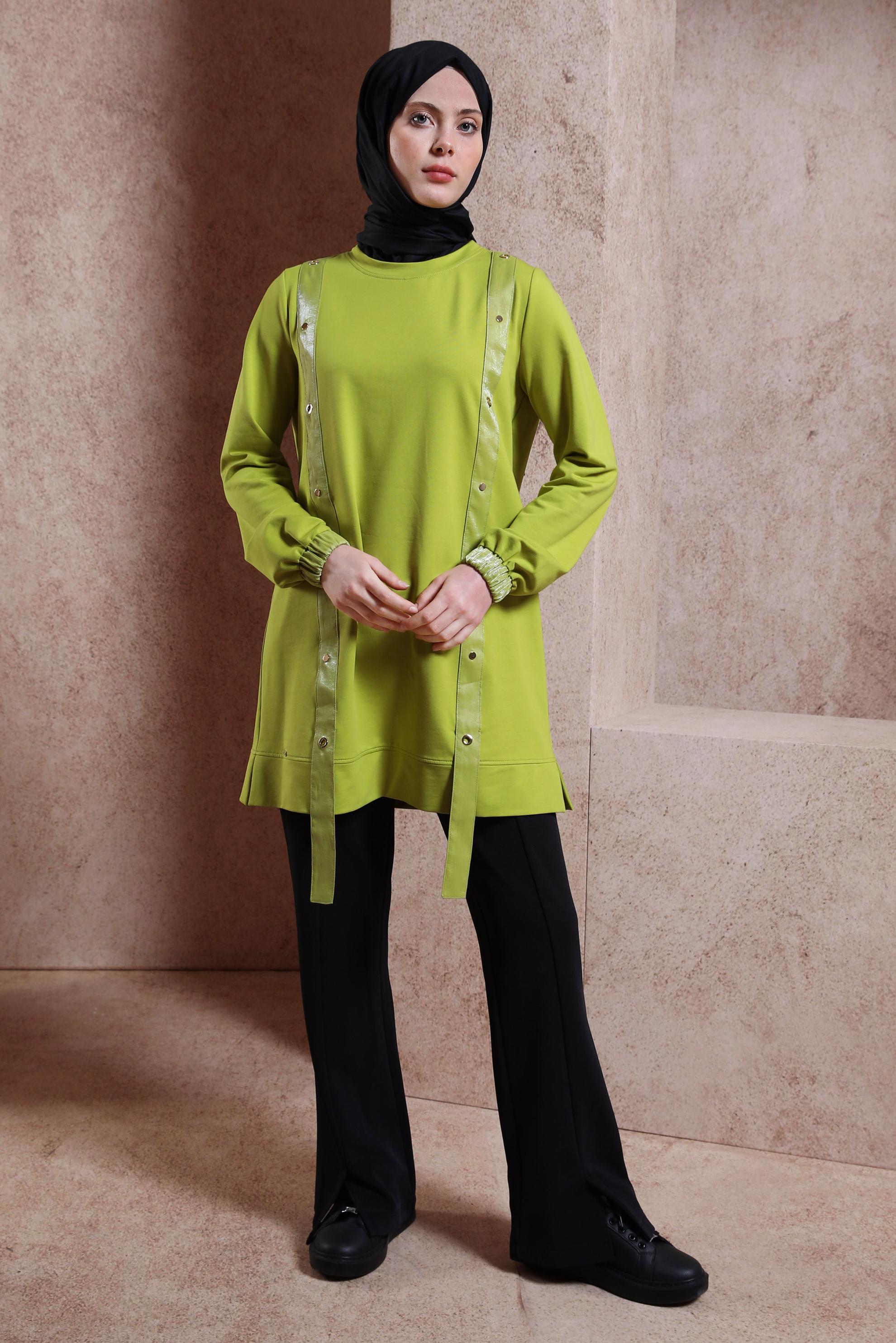 Tesettür giyim YEŞİL KUŞGÖZÜ DETAYLI EŞOFMAN TUNİK 44452