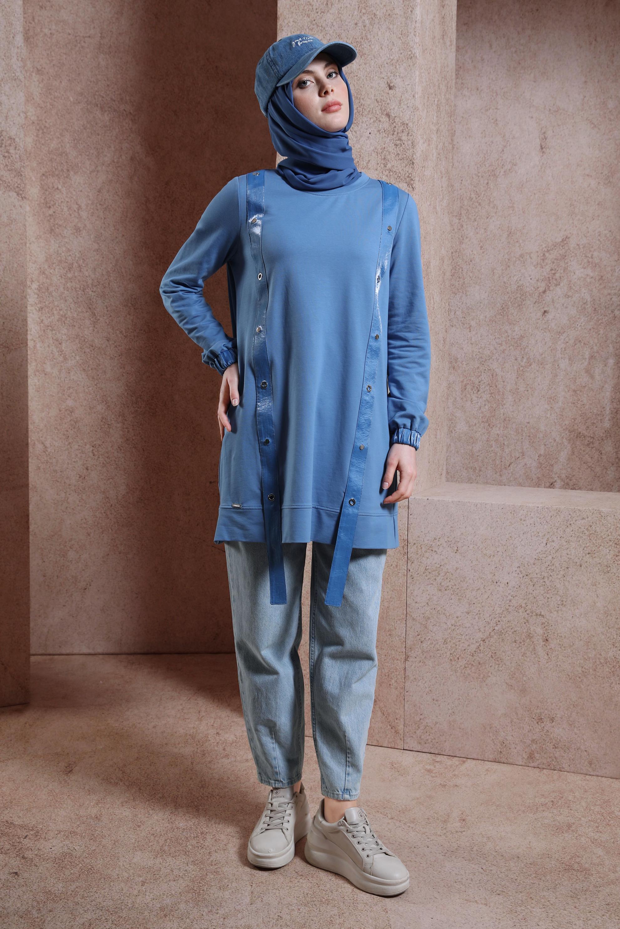 Tesettür giyim MAVİ KUŞGÖZÜ DETAYLI EŞOFMAN TUNİK 44452
