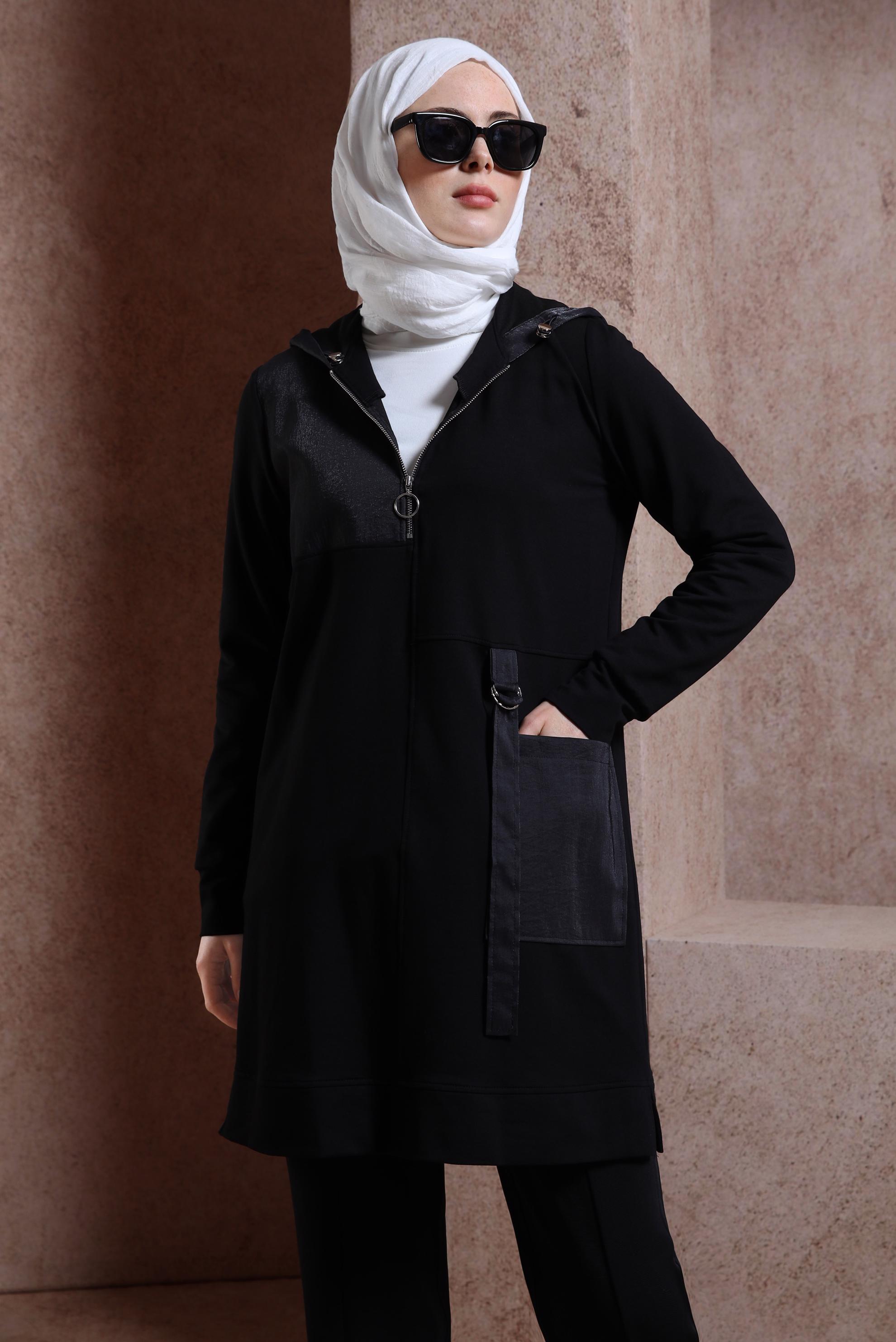 Tesettür giyim SİYAH KAPÜŞONLU EŞOFMAN TUNİK 44453