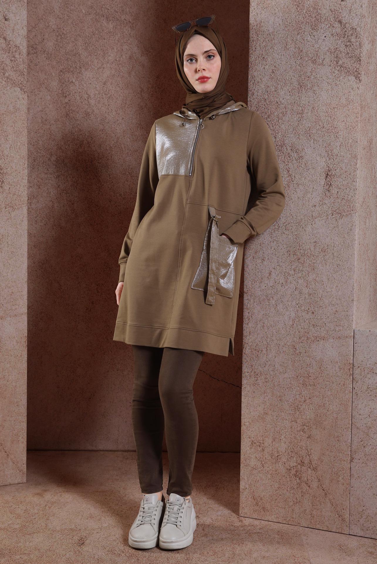 Tesettür giyim KAHVE KAPÜŞONLU EŞOFMAN TUNİK 44453