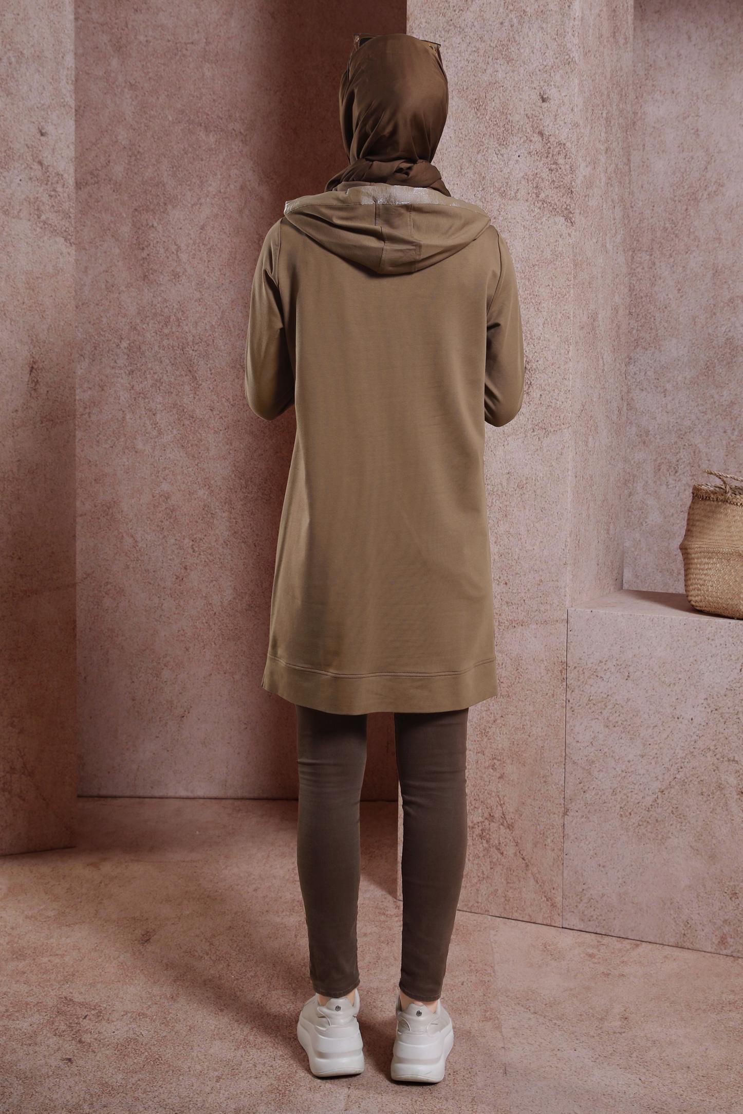 Tesettür giyim KAHVE KAPÜŞONLU EŞOFMAN TUNİK 44453