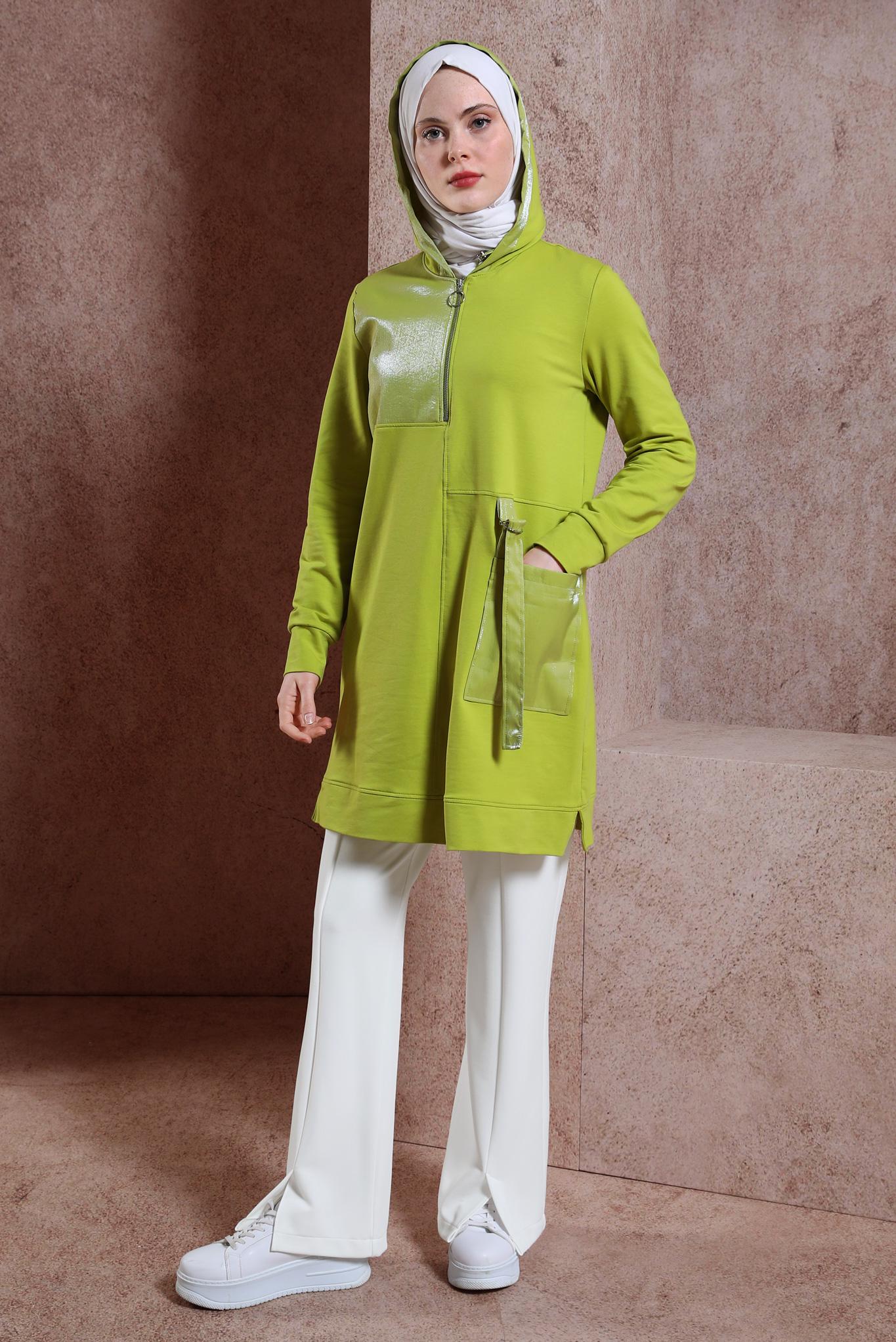 Tesettür giyim YEŞİL KAPÜŞONLU EŞOFMAN TUNİK 44453