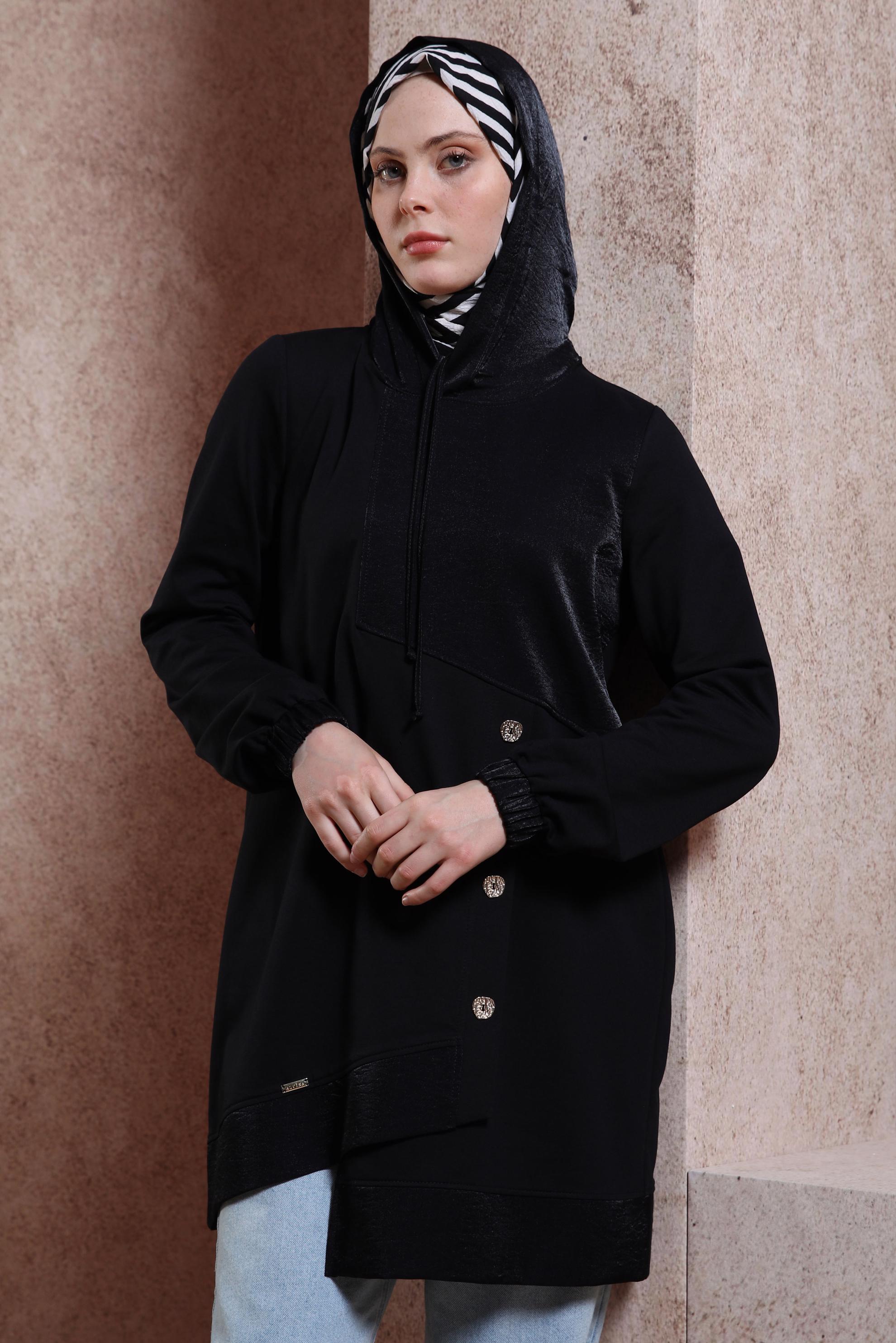 Tesettür giyim SİYAH KAPÜŞONLU EŞOFMAN TUNİK 44484