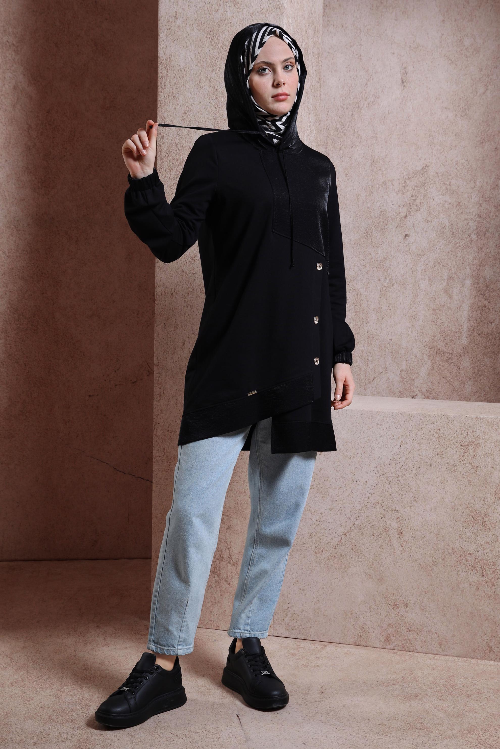 Tesettür giyim SİYAH KAPÜŞONLU EŞOFMAN TUNİK 44484
