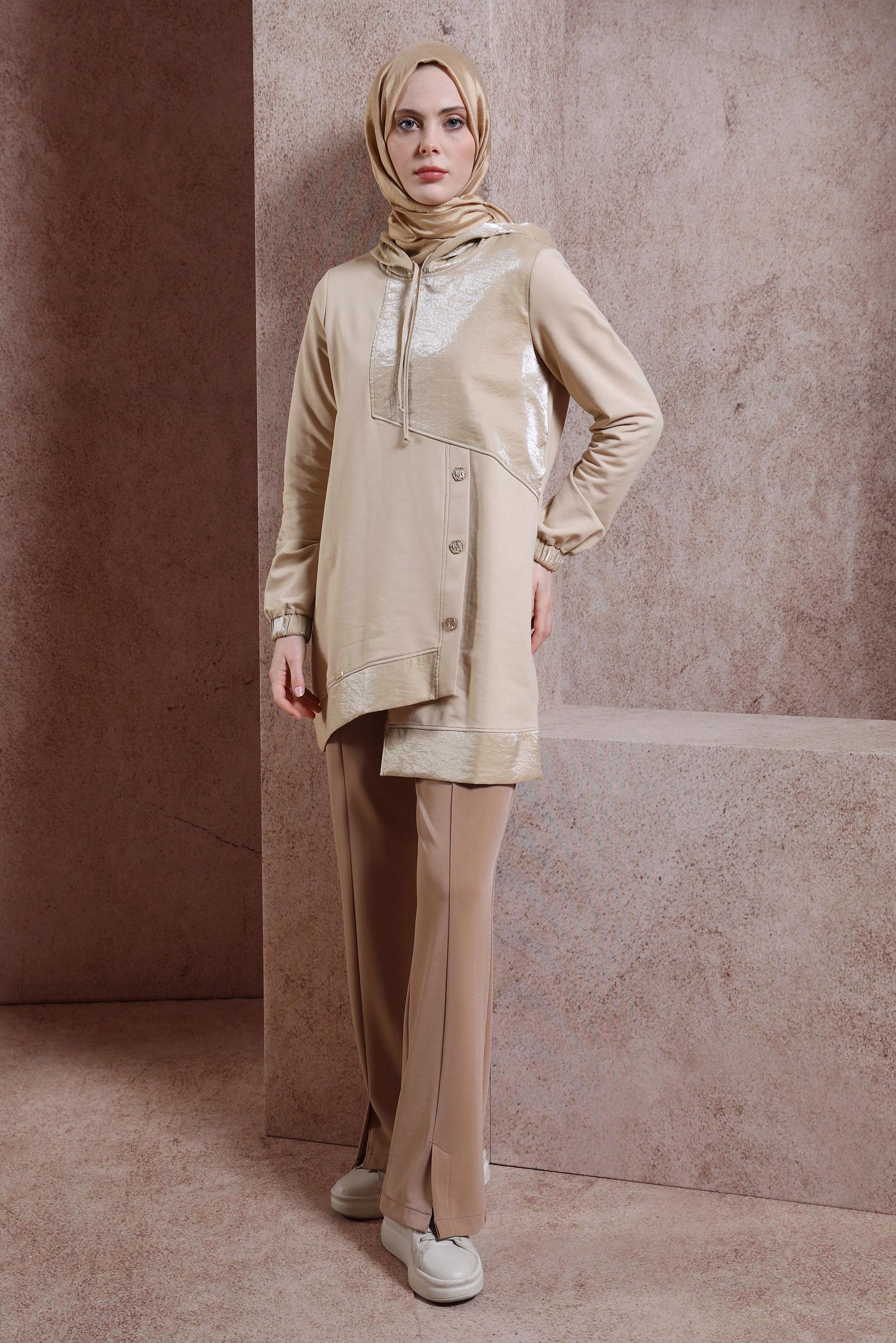 Tesettür giyim BEJ KAPÜŞONLU EŞOFMAN TUNİK 44484