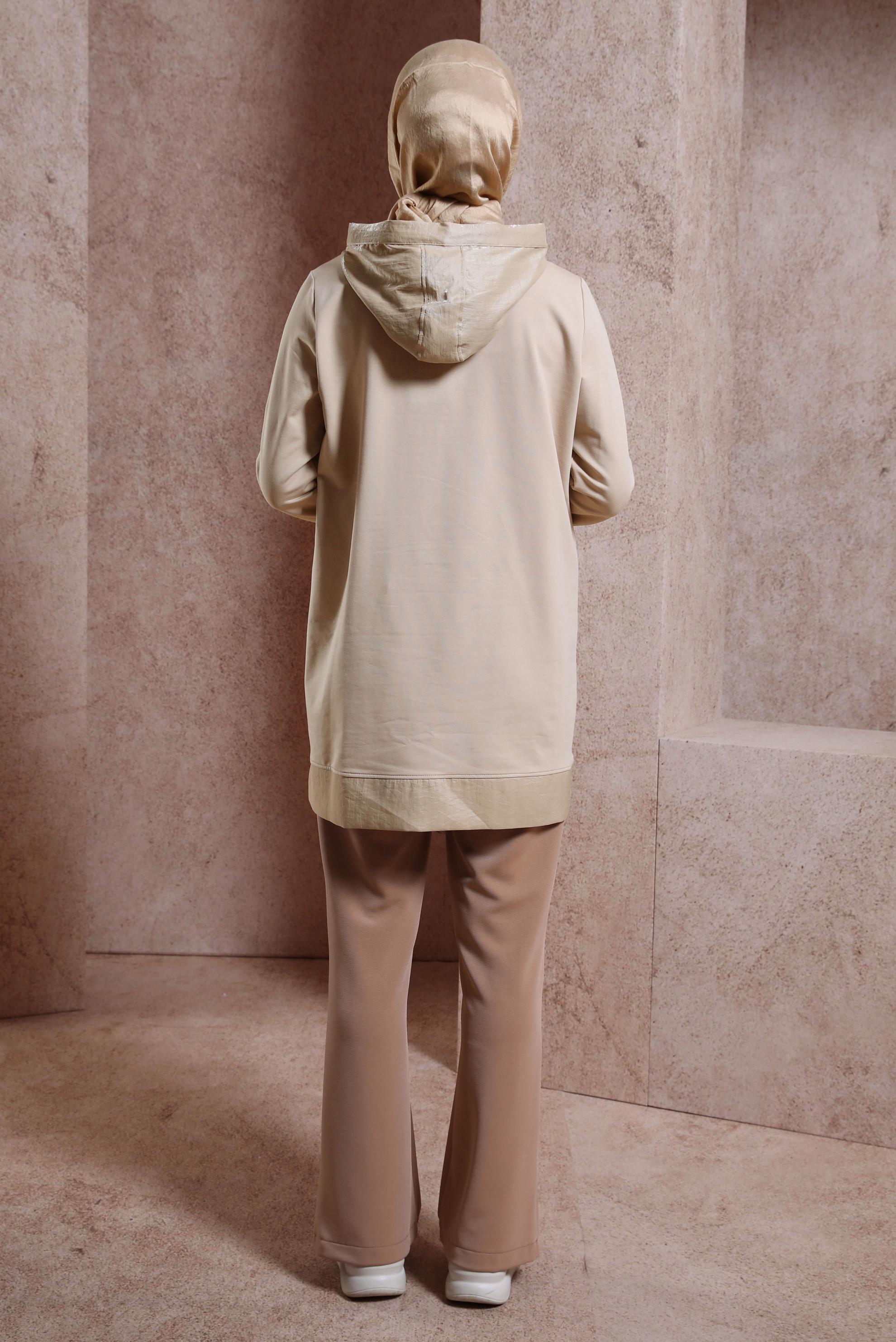 Tesettür giyim BEJ KAPÜŞONLU EŞOFMAN TUNİK 44484