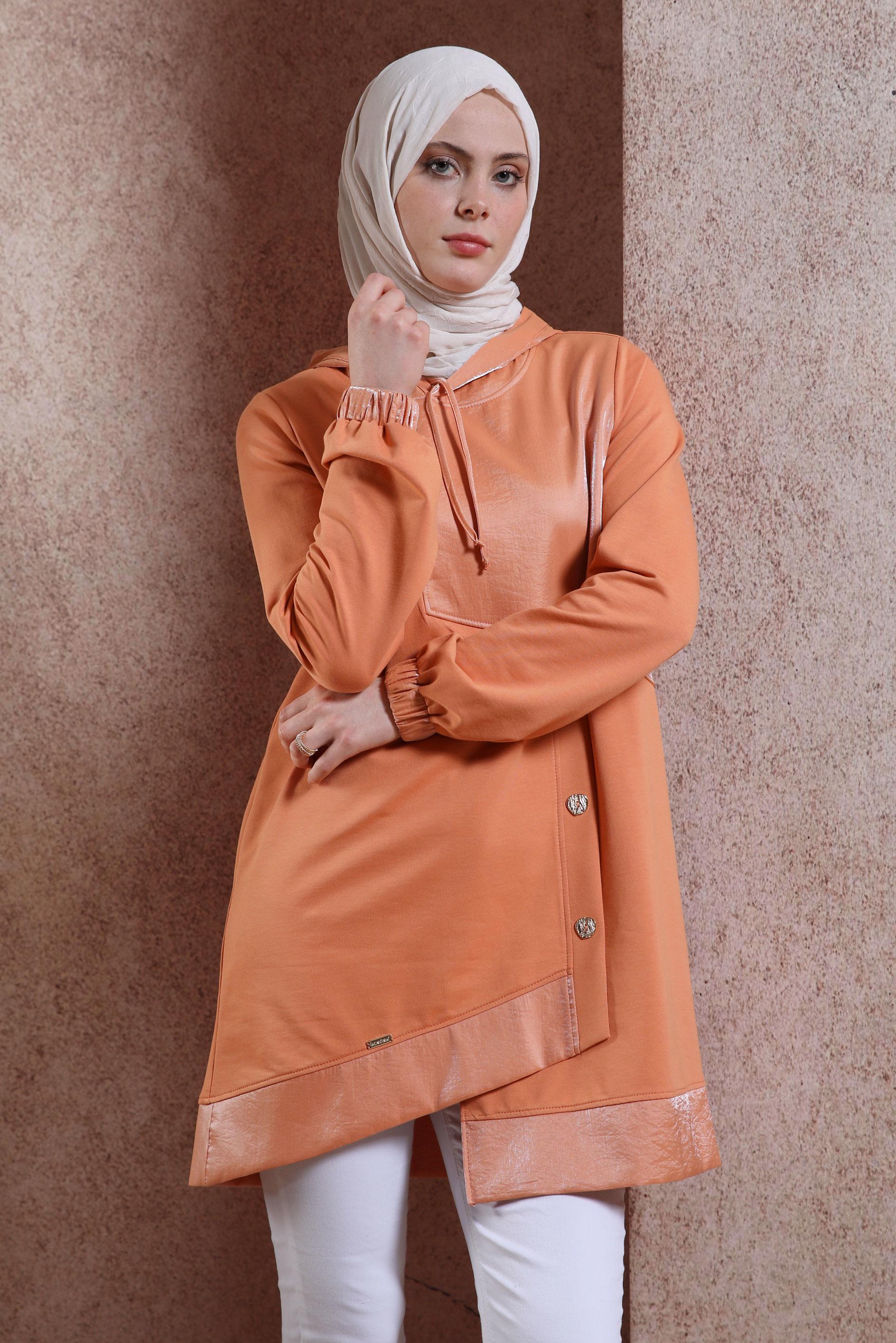 Tesettür giyim TURUNCU KAPÜŞONLU EŞOFMAN TUNİK 44484