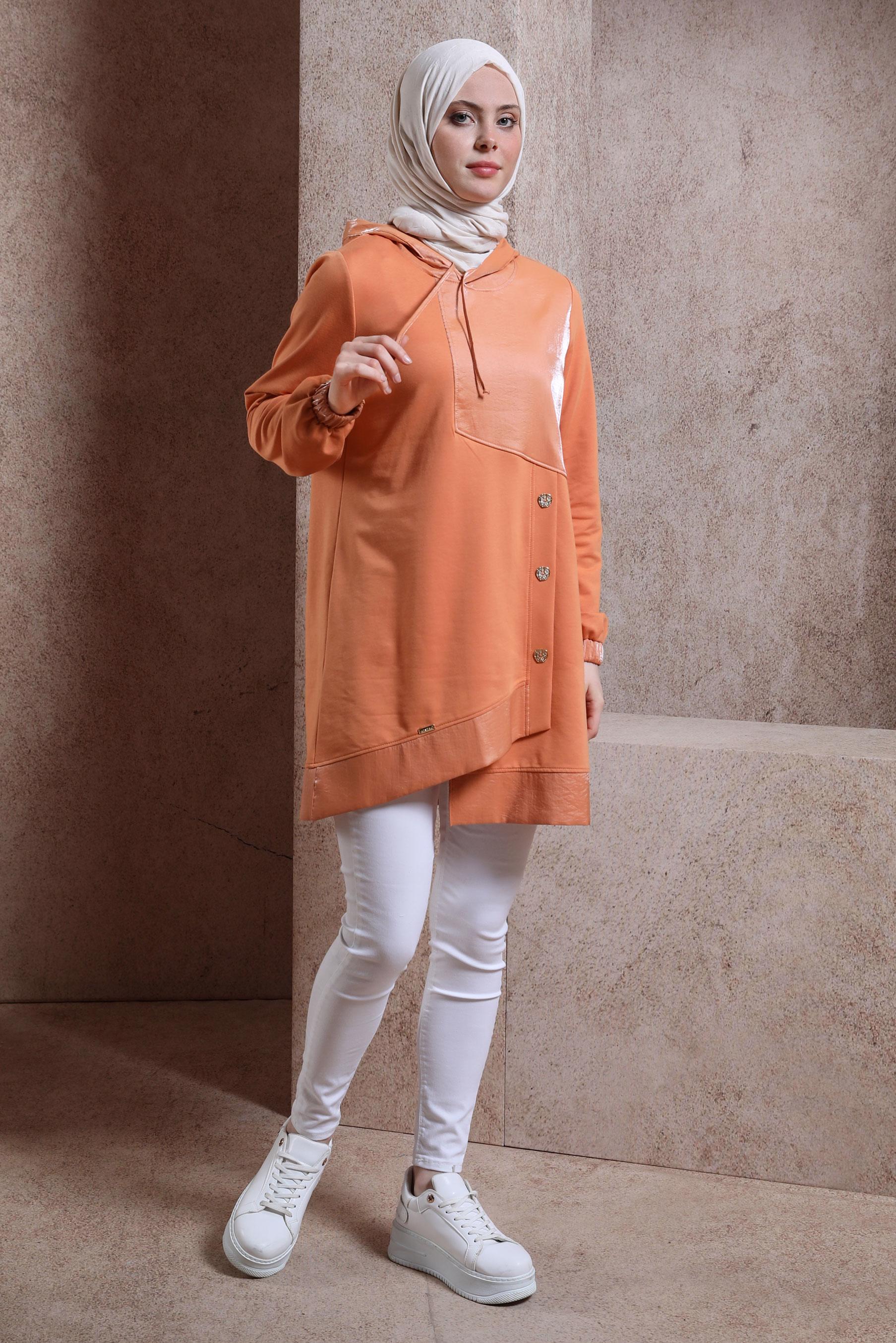 Tesettür giyim TURUNCU KAPÜŞONLU EŞOFMAN TUNİK 44484