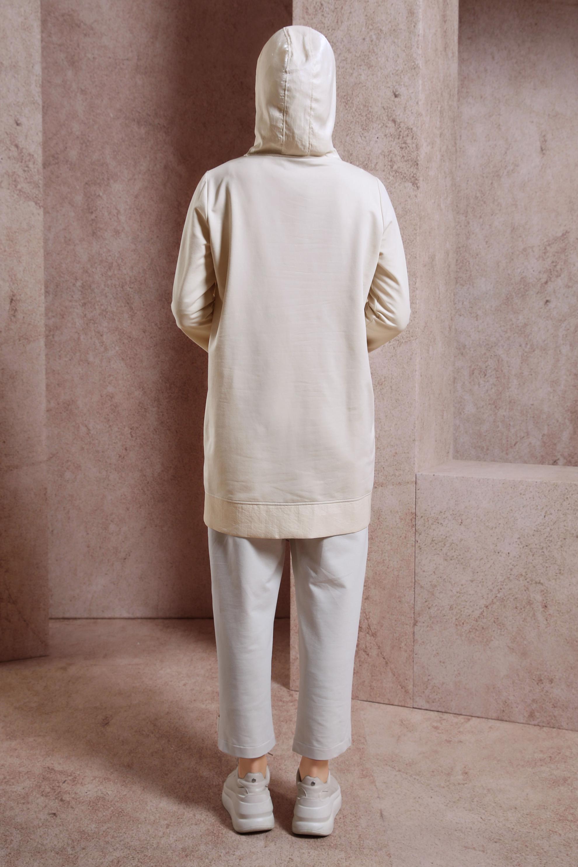 Tesettür giyim BEJ KAPÜŞONLU EŞOFMAN TUNİK 44484