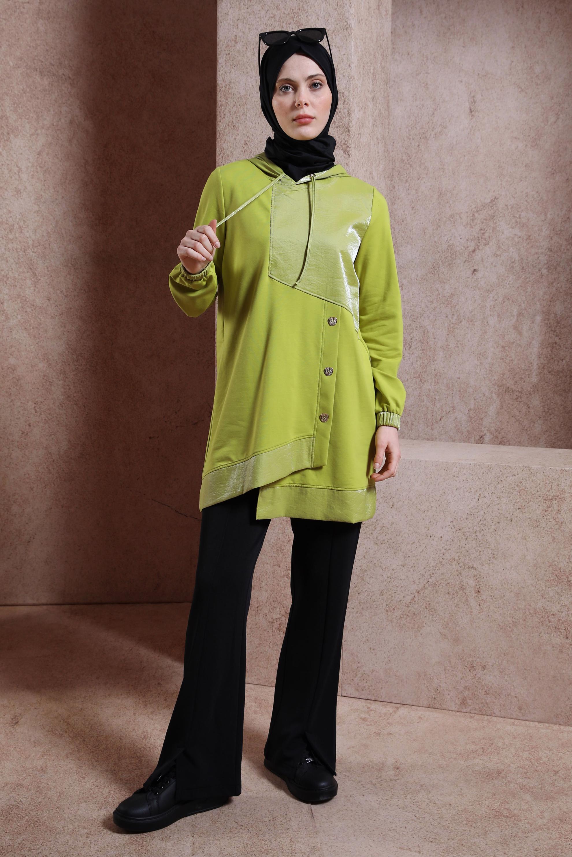 Tesettür giyim YEŞİL KAPÜŞONLU EŞOFMAN TUNİK 44484