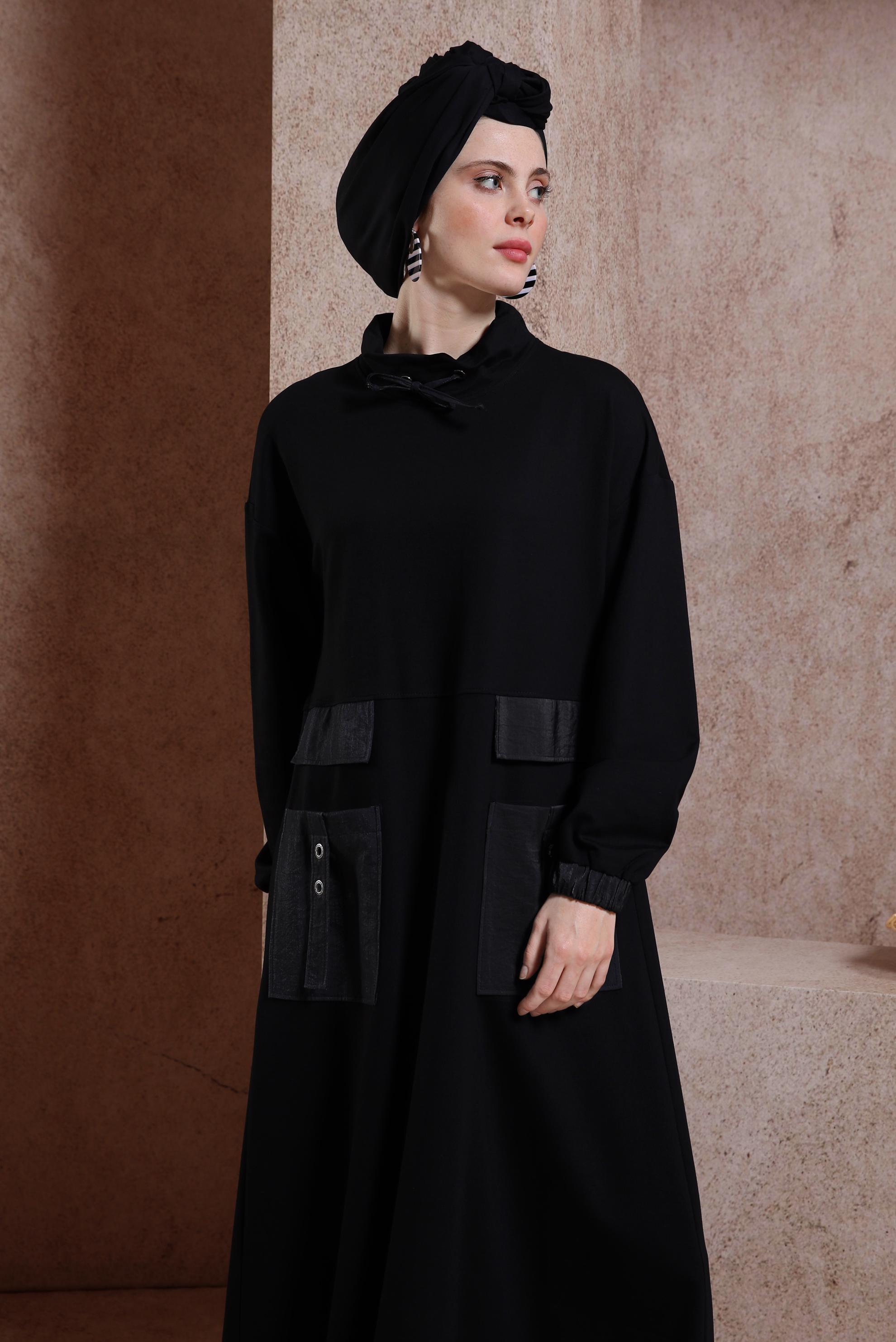 Tesettür giyim SİYAH CEP DETAYLI EŞOFMAN ELBİSE 44486