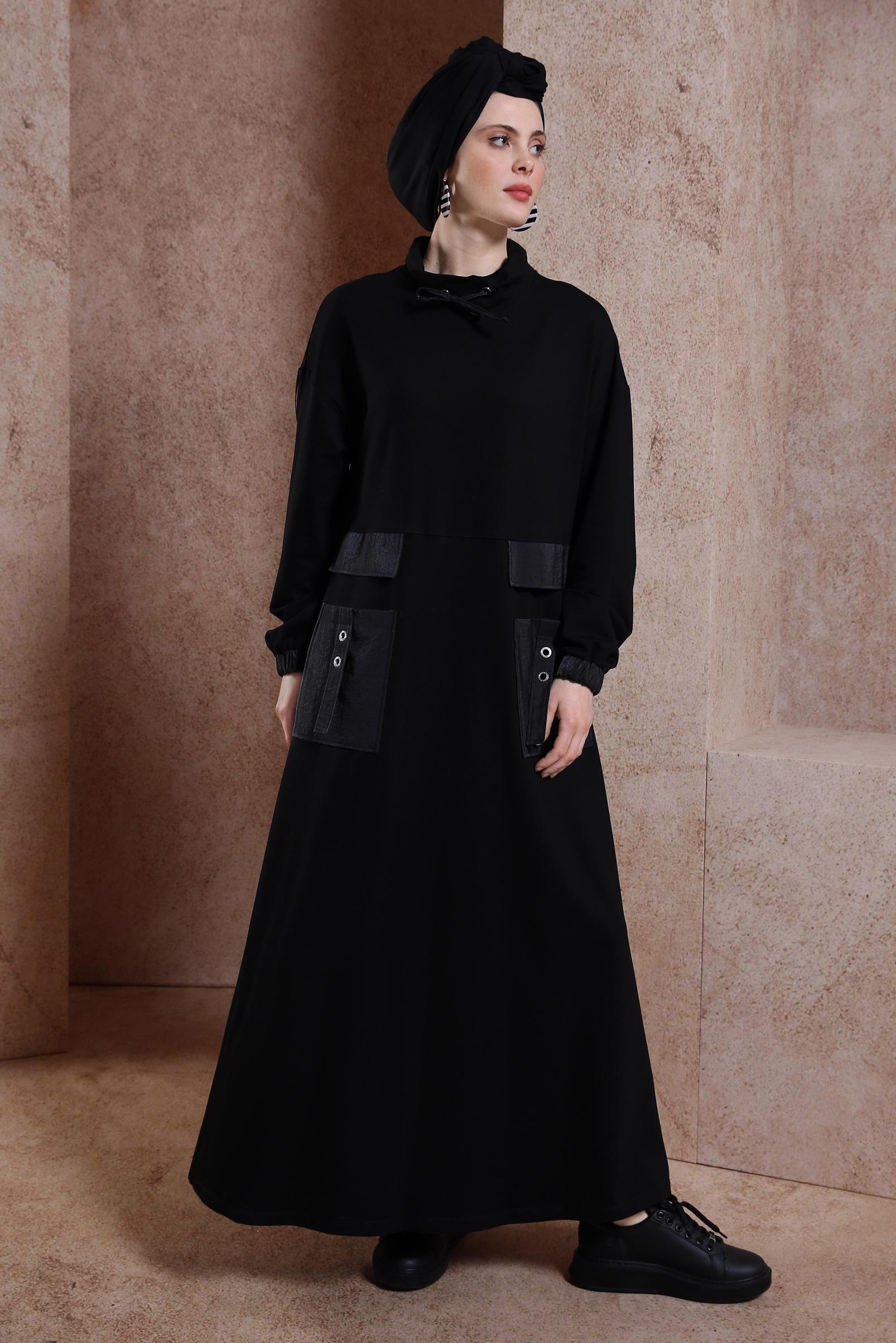 Tesettür giyim SİYAH CEP DETAYLI EŞOFMAN ELBİSE 44486