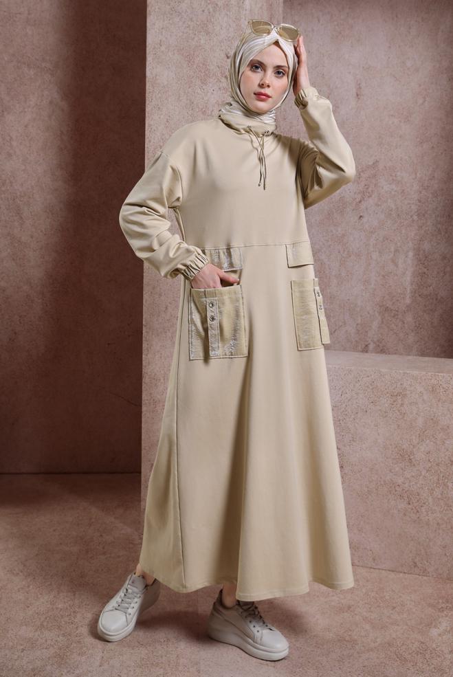Tesettür giyim BEJ CEP DETAYLI EŞOFMAN ELBİSE 44486 - ALVİNA