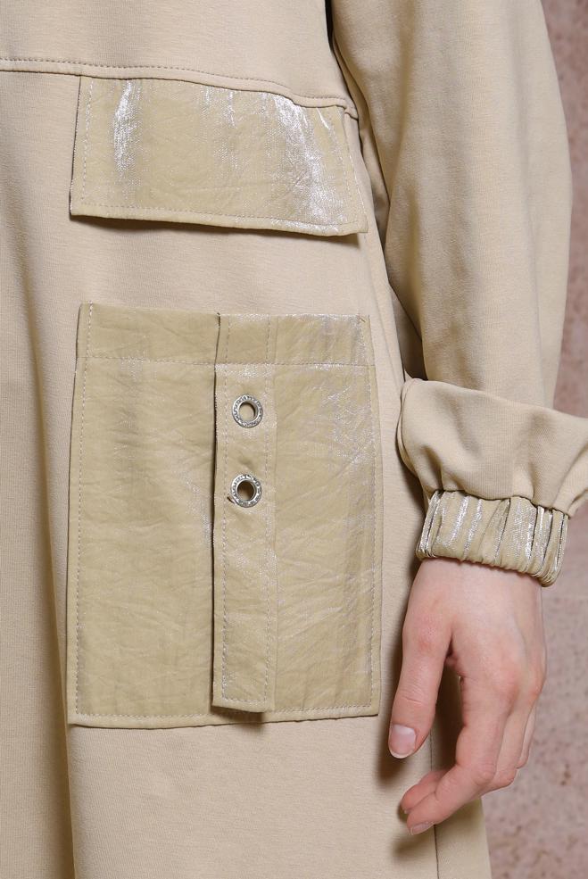 Tesettür giyim BEJ CEP DETAYLI EŞOFMAN ELBİSE 44486 - ALVİNA