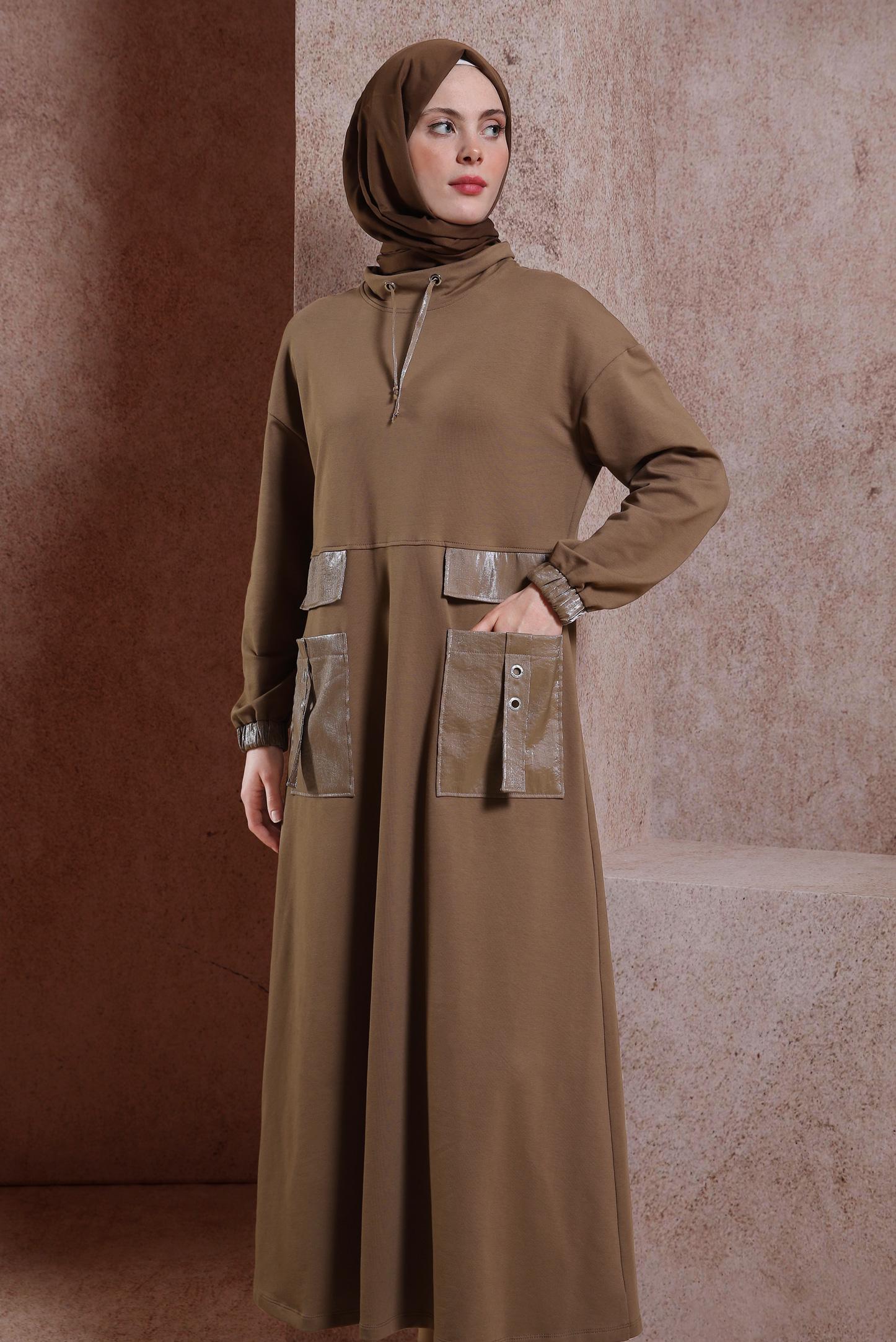 Tesettür giyim KAHVE CEP DETAYLI EŞOFMAN ELBİSE 44486